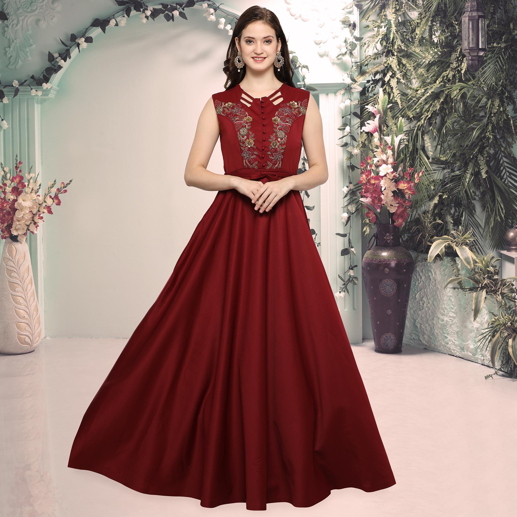 Peachmode Seller Maroon Designer Hand Embroidered Art Silk Gown