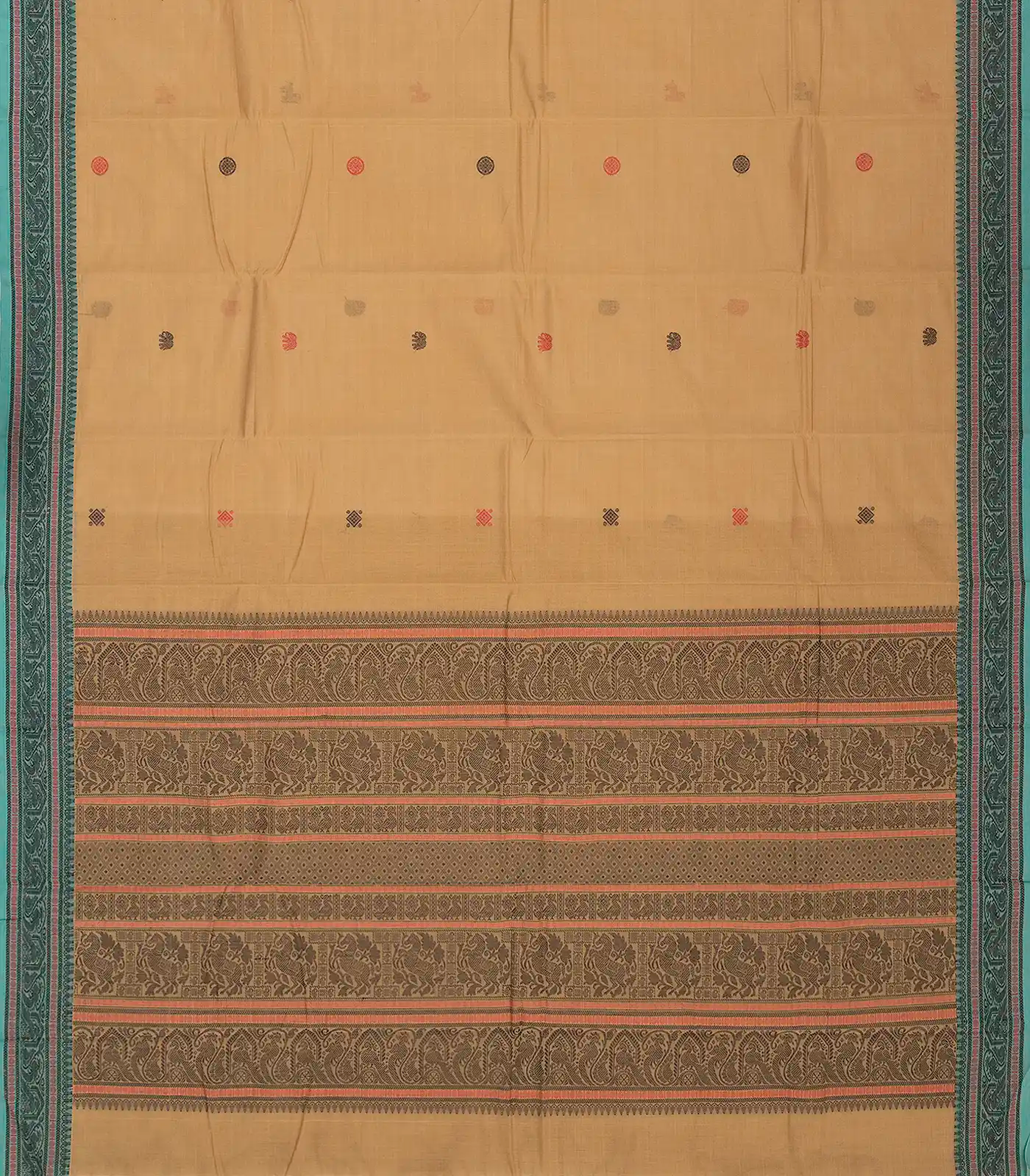 RmKV Beige Handloom Kanchi Cotton Saree With Annam & Deer Buttas - view 2
