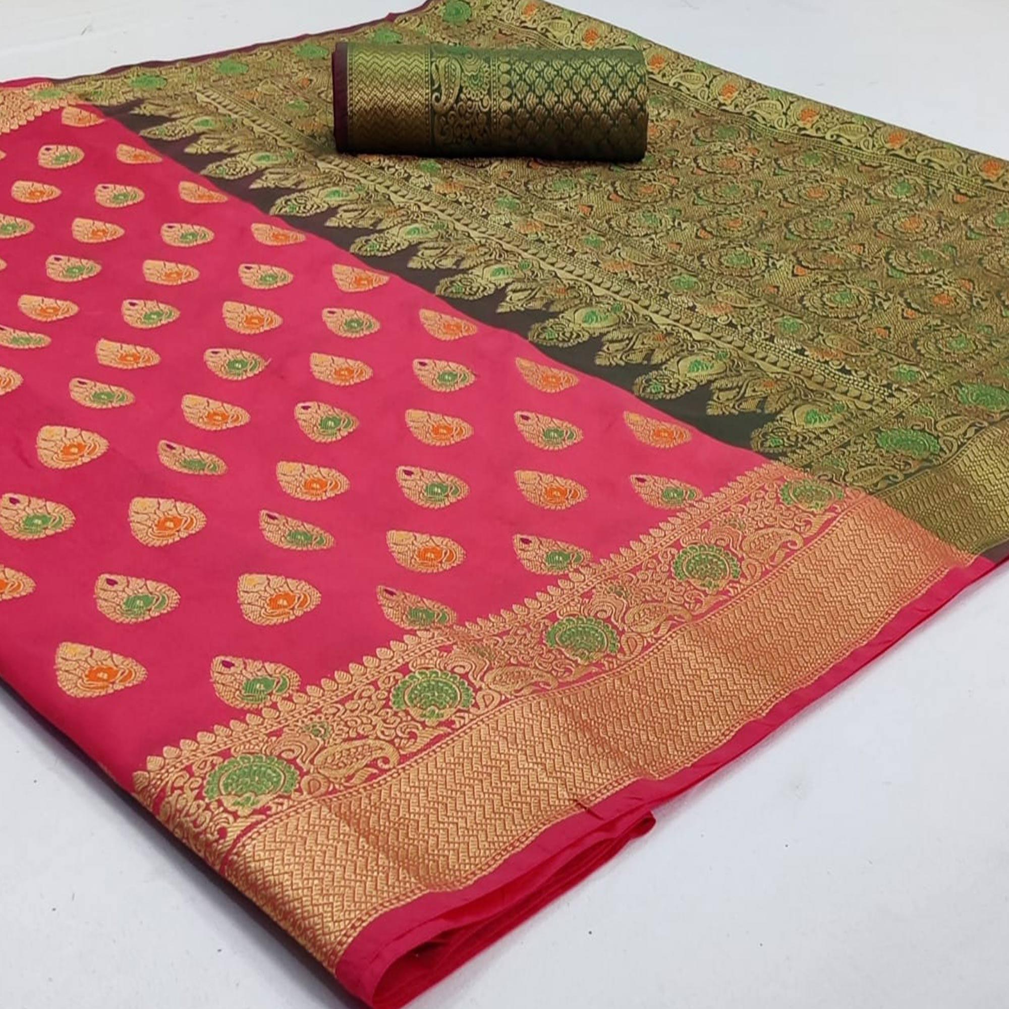 Peachmode Groovy Pink Colored Festive Wear Woven Silk Saree
