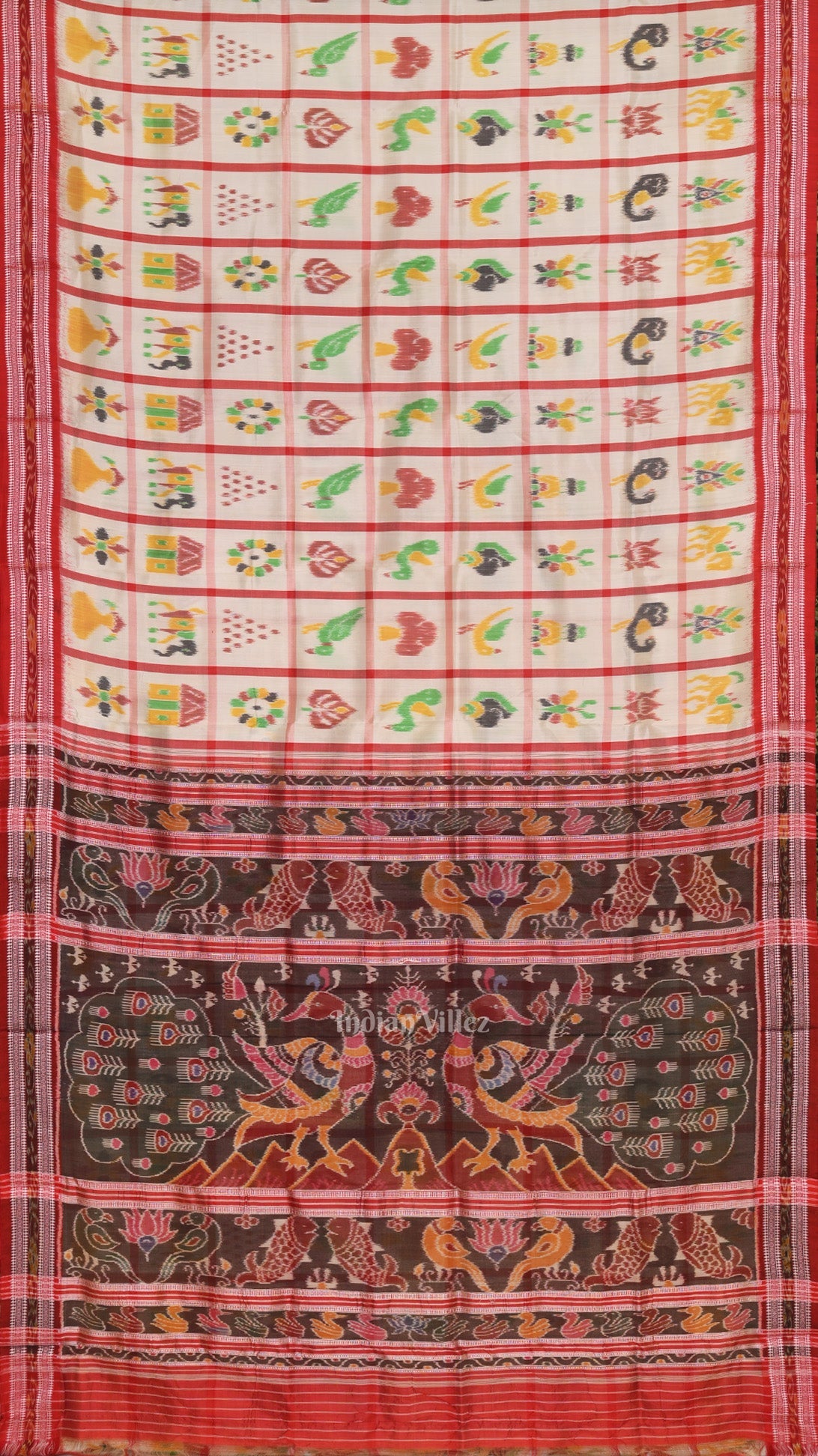 IndianVillèz White Red Nabakothi Odisha Ikat Khandua Silk Saree