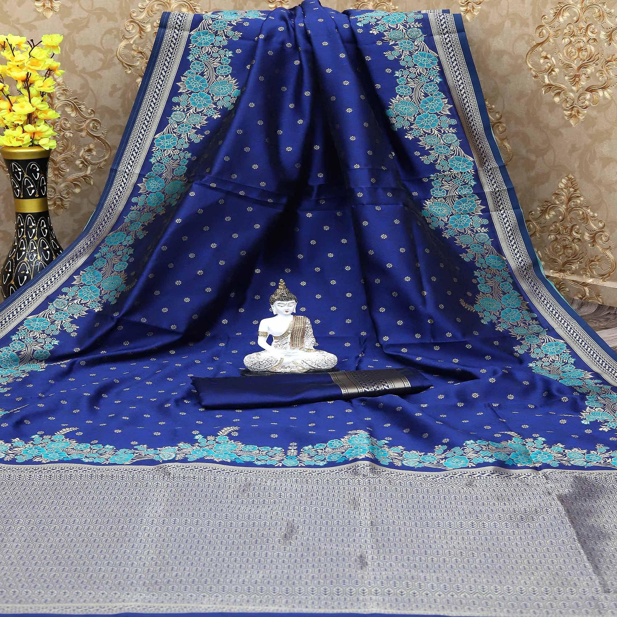 Peachmode Breathtaking Royal Blue Colored Festive Wear Woven Banarasi Art Silk Saree