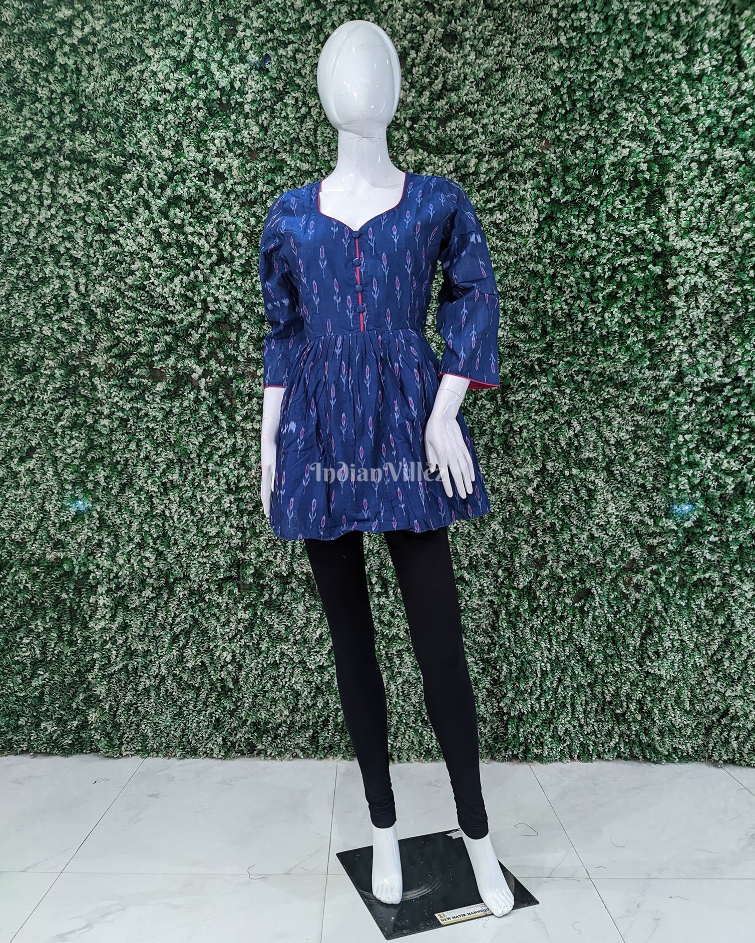 IndianVillèz Teal Green Sambalpuri Flower Motif Odisha Ikat Cotton Frill Top for Women