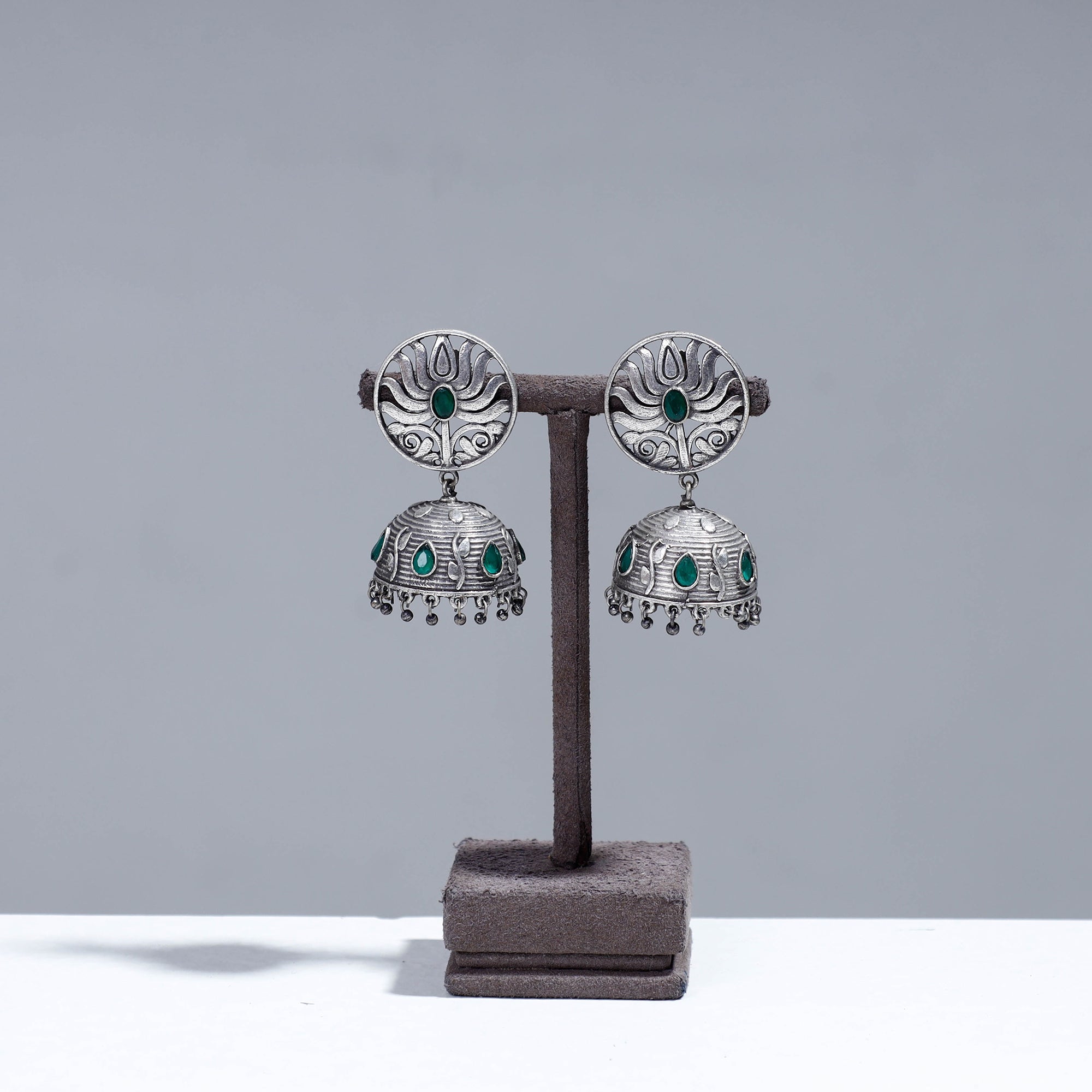 WHITE RIVER STORIES Antique Silver Finish Oxidised Brass Base Stone Work Jhumki Earrings
