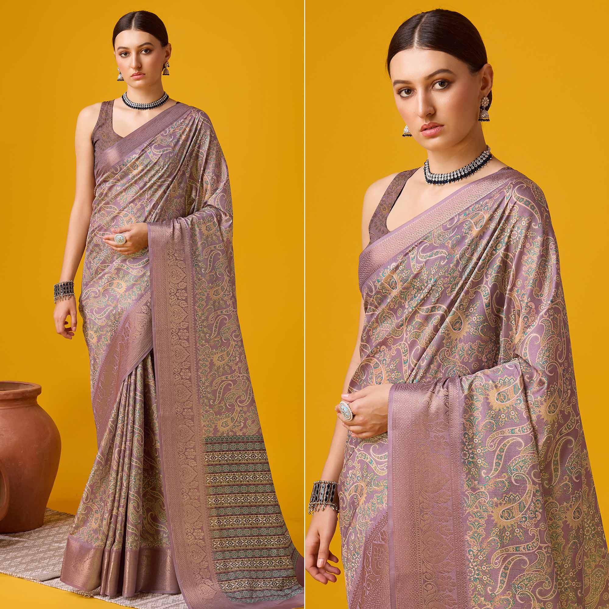 Peachmode Mauve Digital Printed Cotton Silk Saree With Border