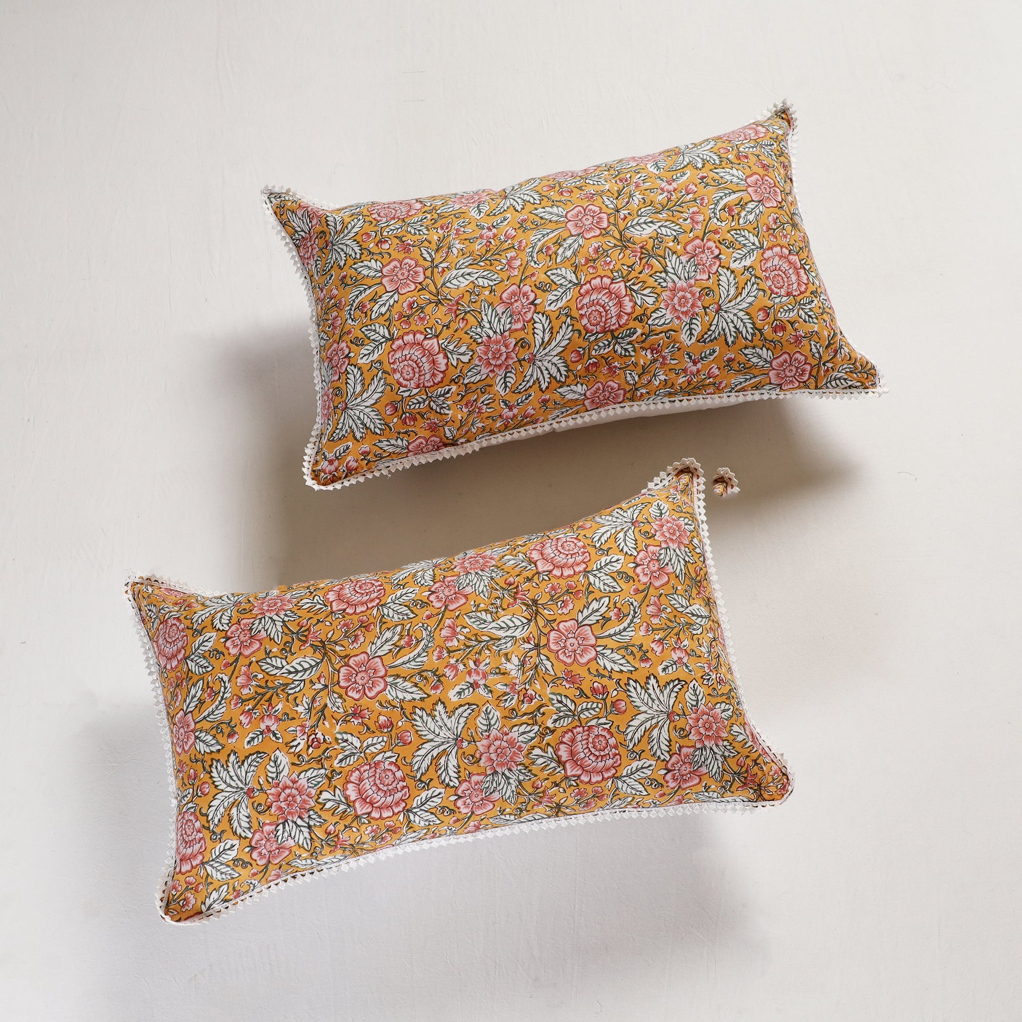 HAVELI CHRONICLES Sanganeri Block Printed Cotton Pillow Cover With Lace (26 x 16 in) - Set of 2 - view 2