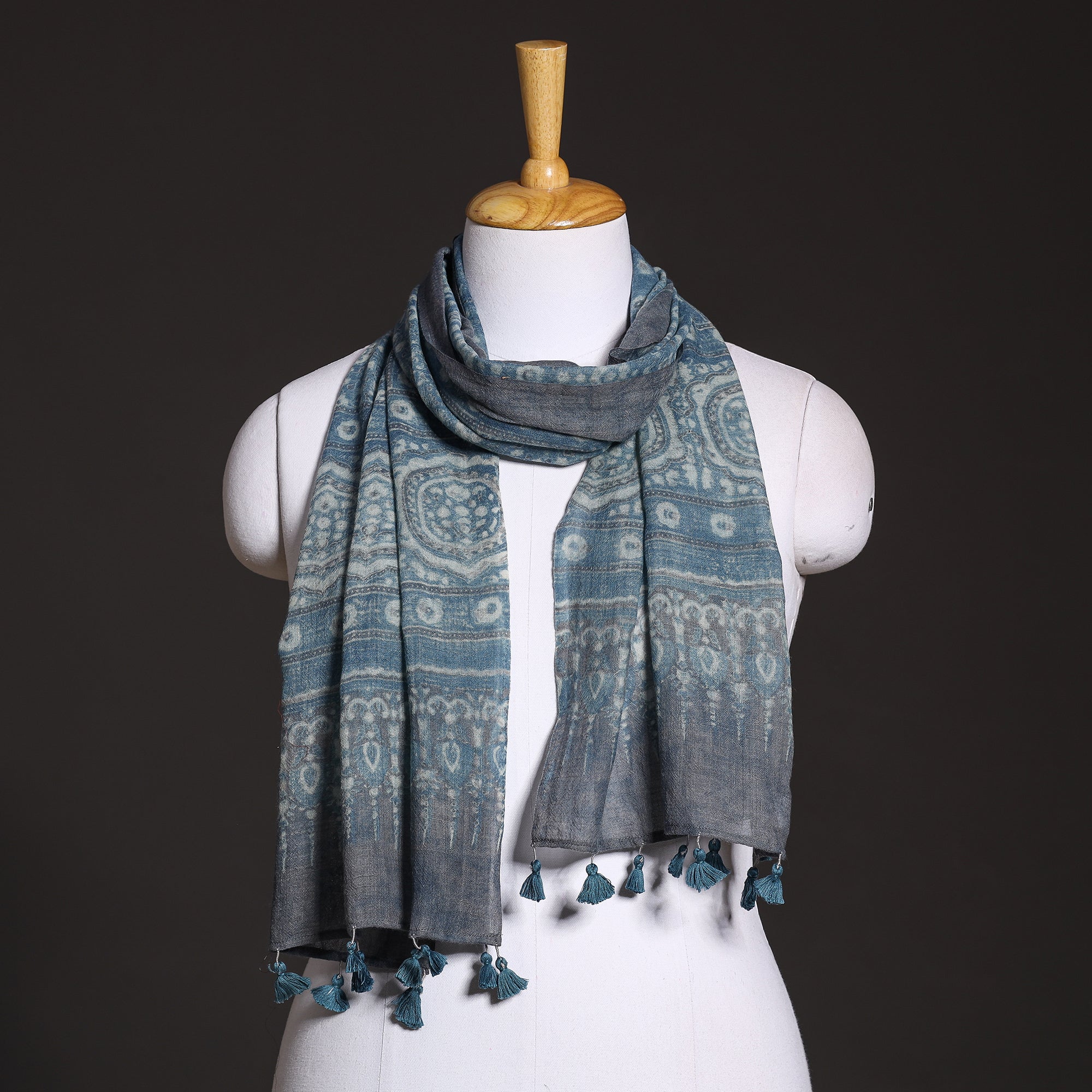 AJRAKH BY SUFIYAN ISMAIL KHATRI Blue - Ajrakh Hand Block Printed Pure Woolen Stole