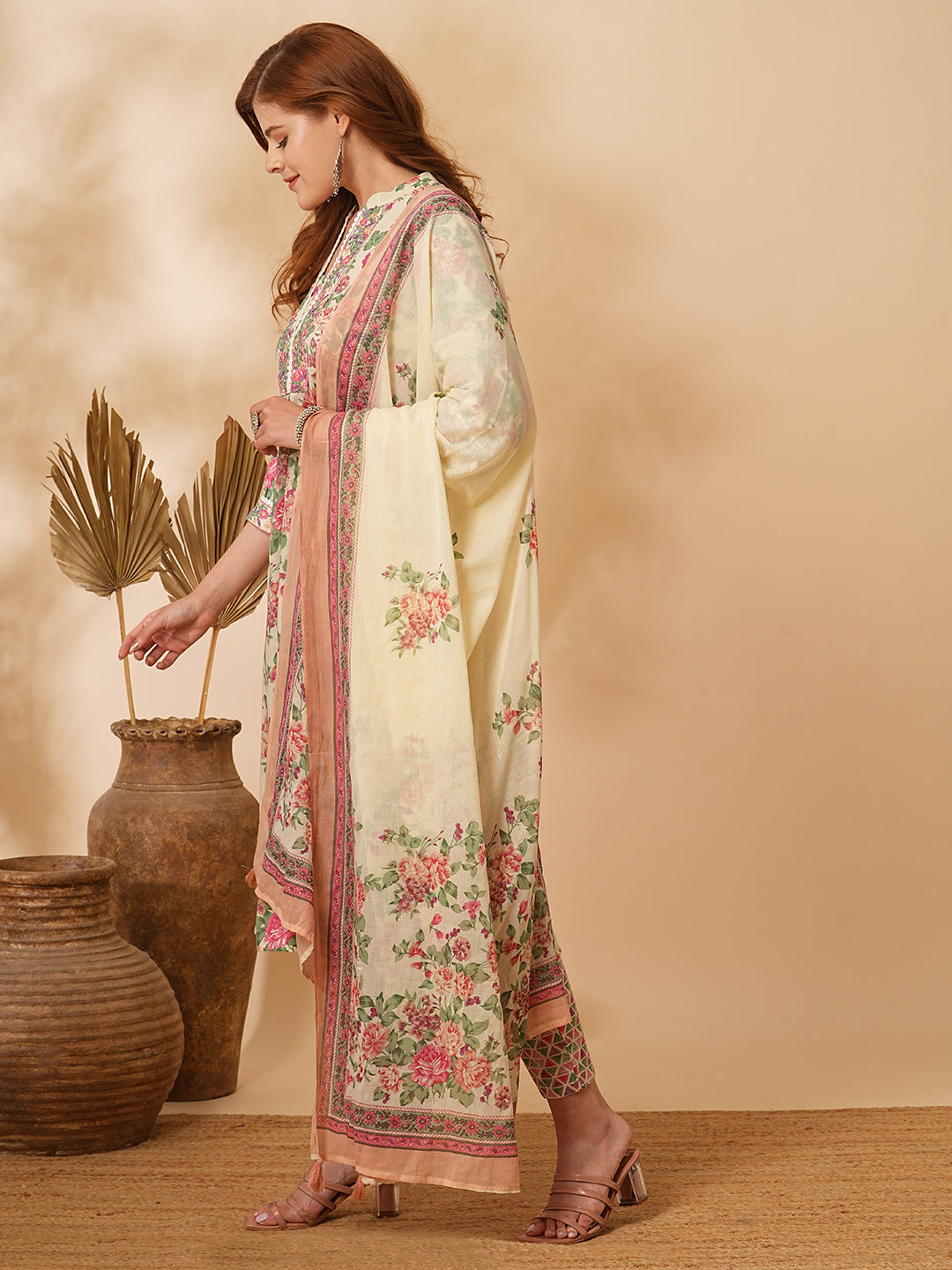 Fashor Floral Printed & Embroidered A-Line Kurta with Pant & Dupatta - Cream - view 4