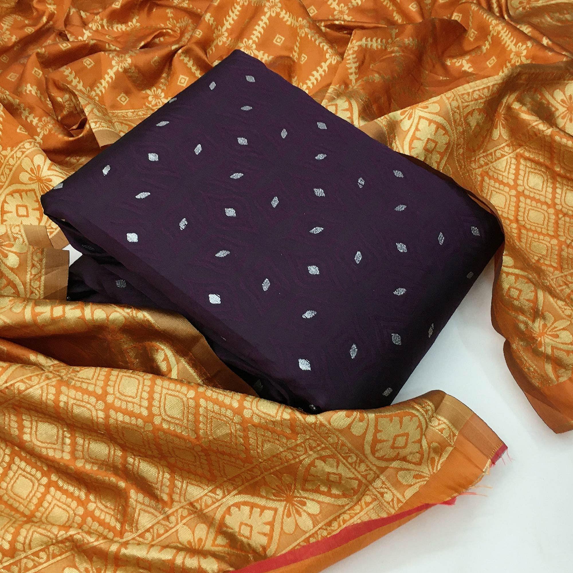 Peachmode Delightful Purple Colored Casual Wear Woven Banarasi Silk Dress Material