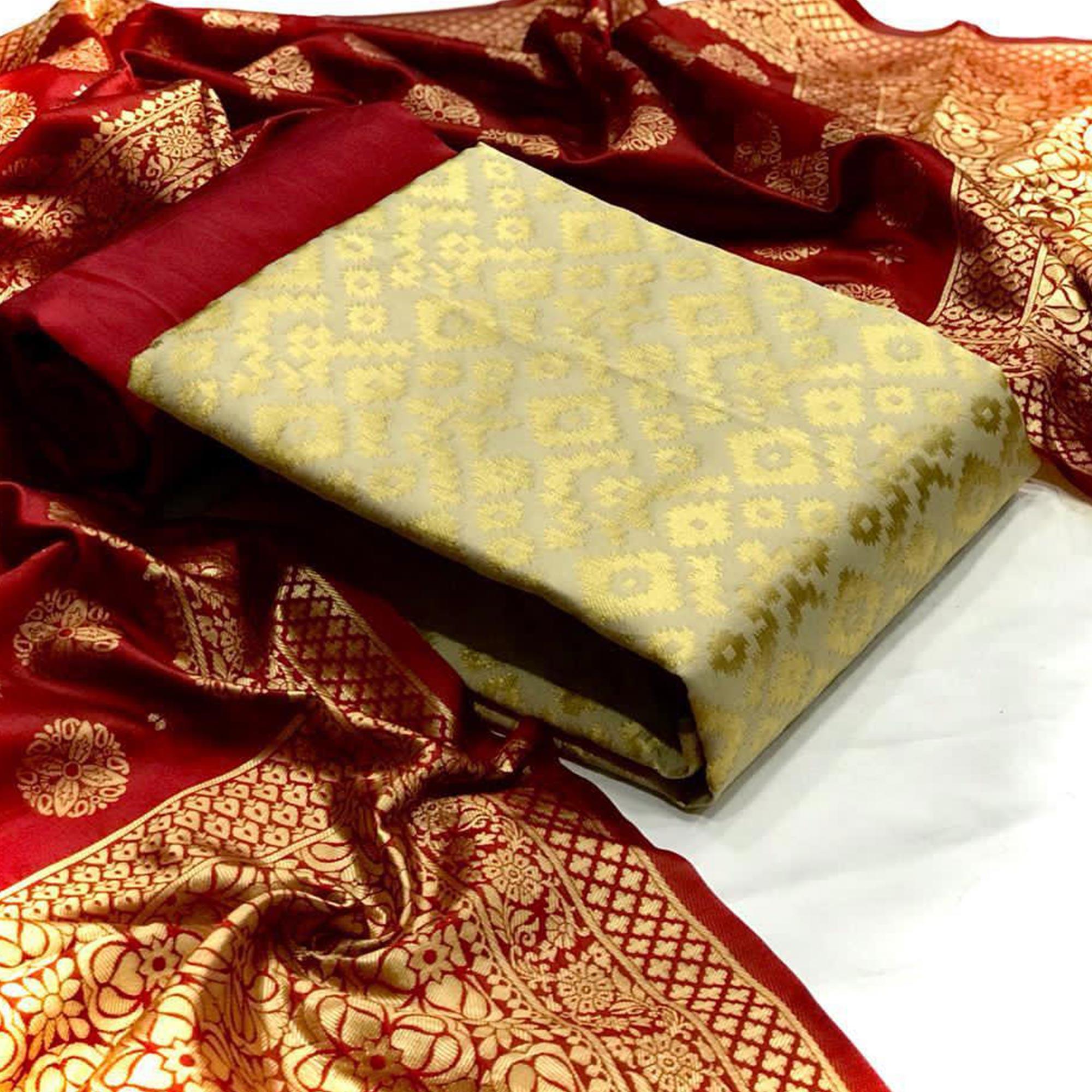 Peachmode Fantastic Chiku Colored Casual Wear Banarasi Silk Dress Material