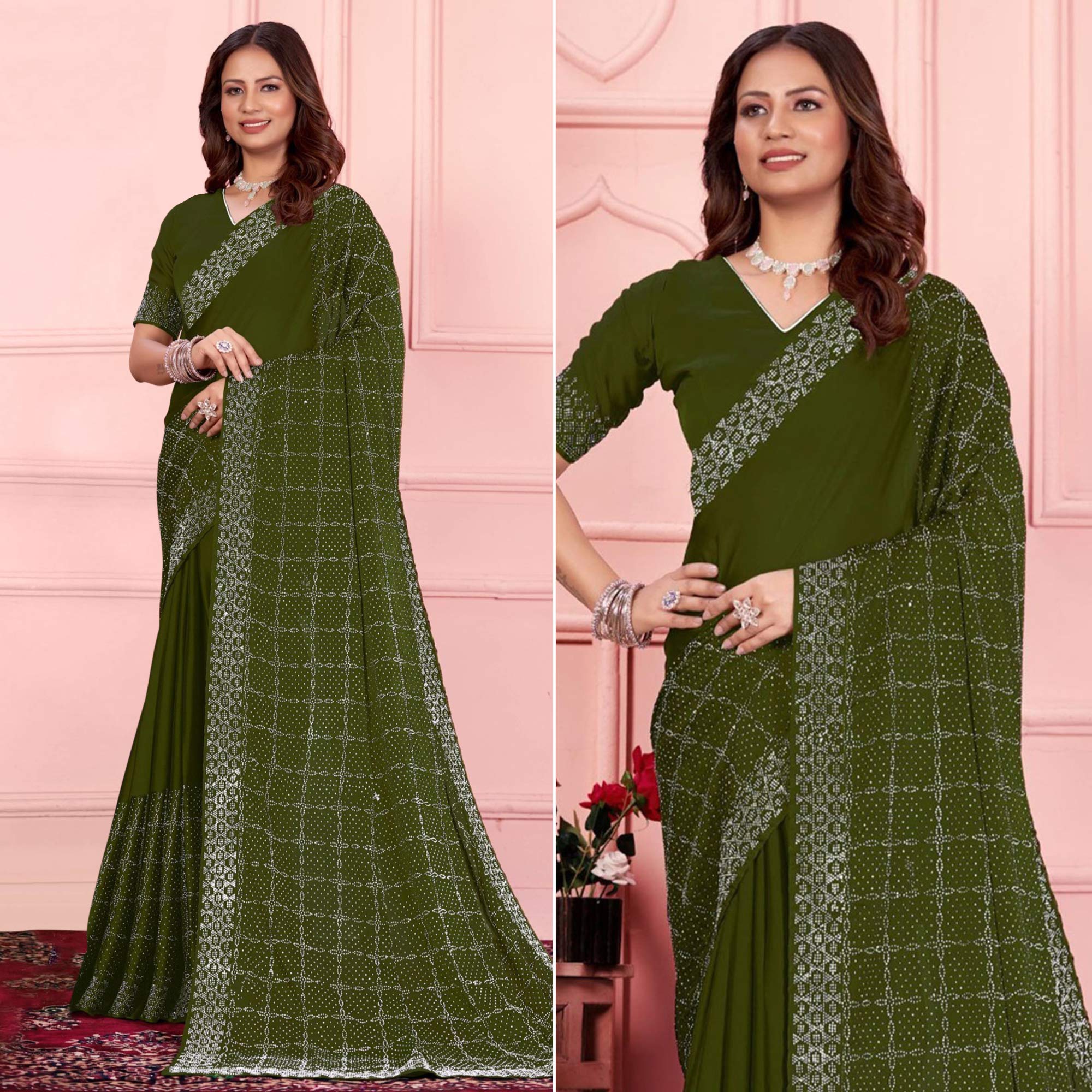 Peachmode Mehendi Green Swarovski Work Satin Saree