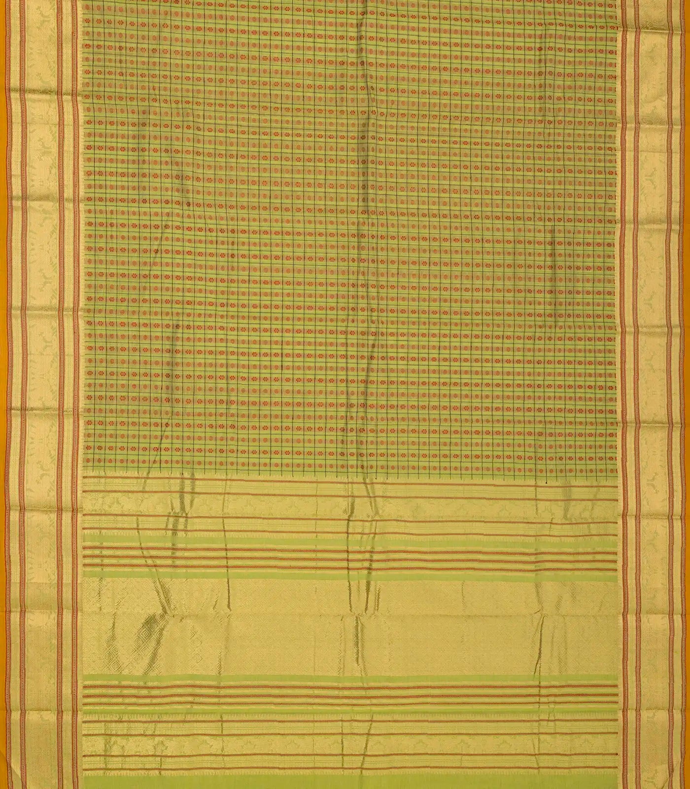 RmKV Cardamom Green Handloom Kanchi Cotton Saree With Checks & Kamalam Motifs - view 2