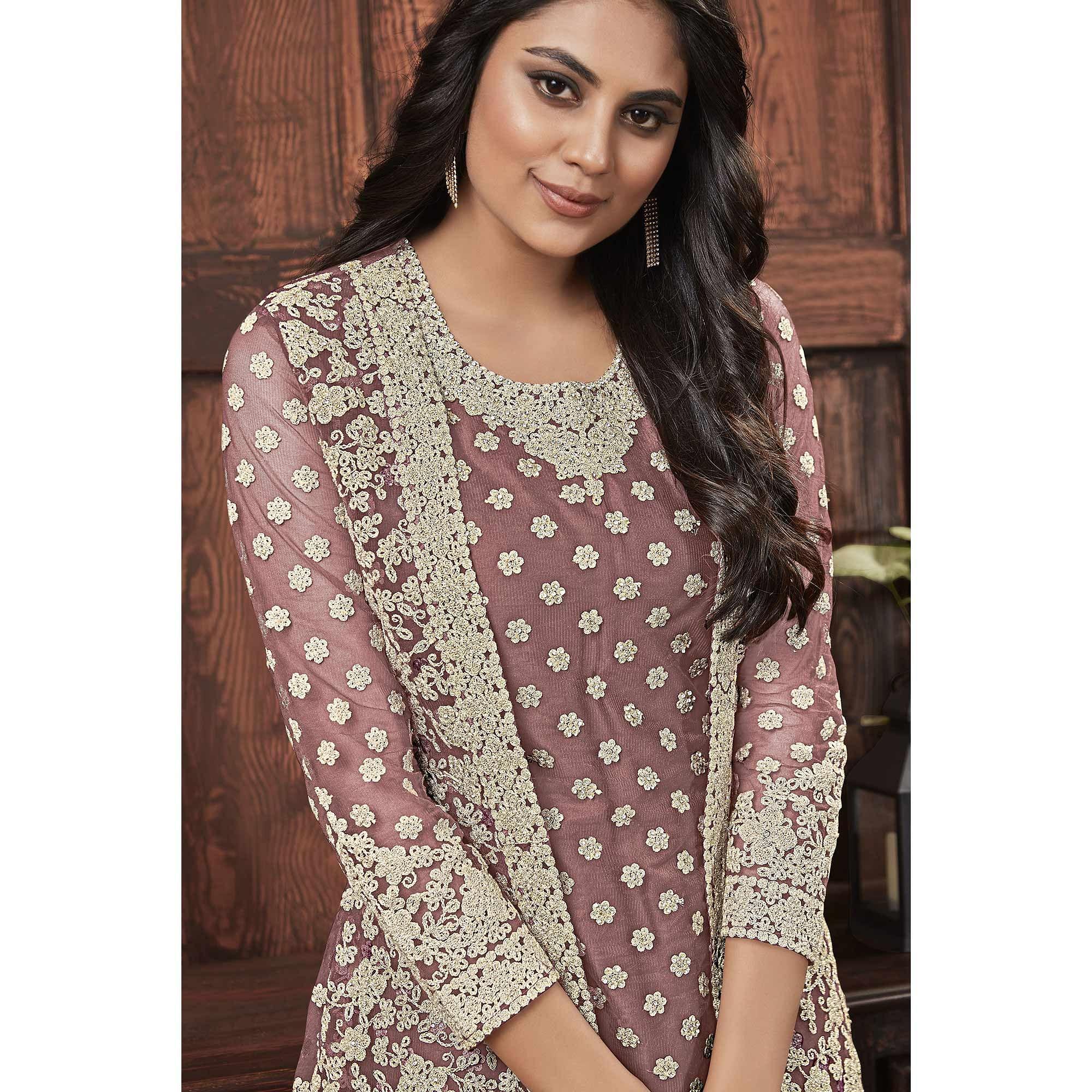 Peachmode Classy Beige Coloured Partywear Embroidered Butterfly Net Pakistani Straight Suit - view 2