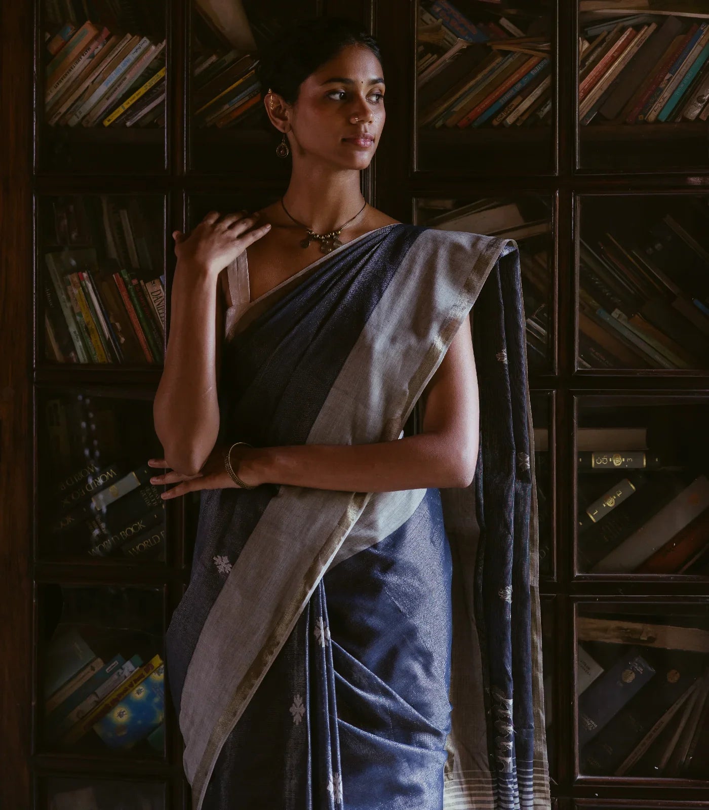 RmKV Dark Grey Handloom Bengal Cotton Tissue saree With Zari stripes and Floral (Phool) Buttis - view 2