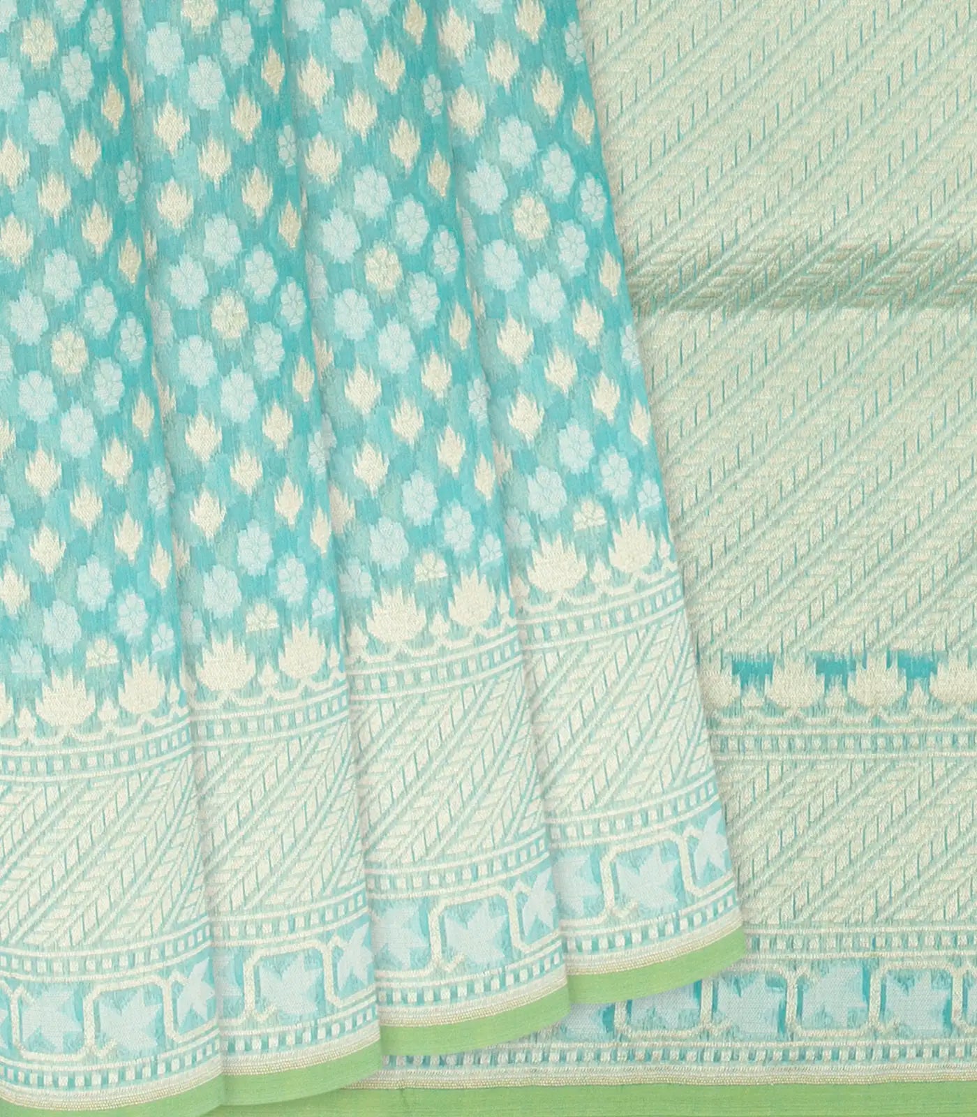 RmKV Turquoise Handloom Banarasi Cotton Saree With Floral Motifs-Turquoise