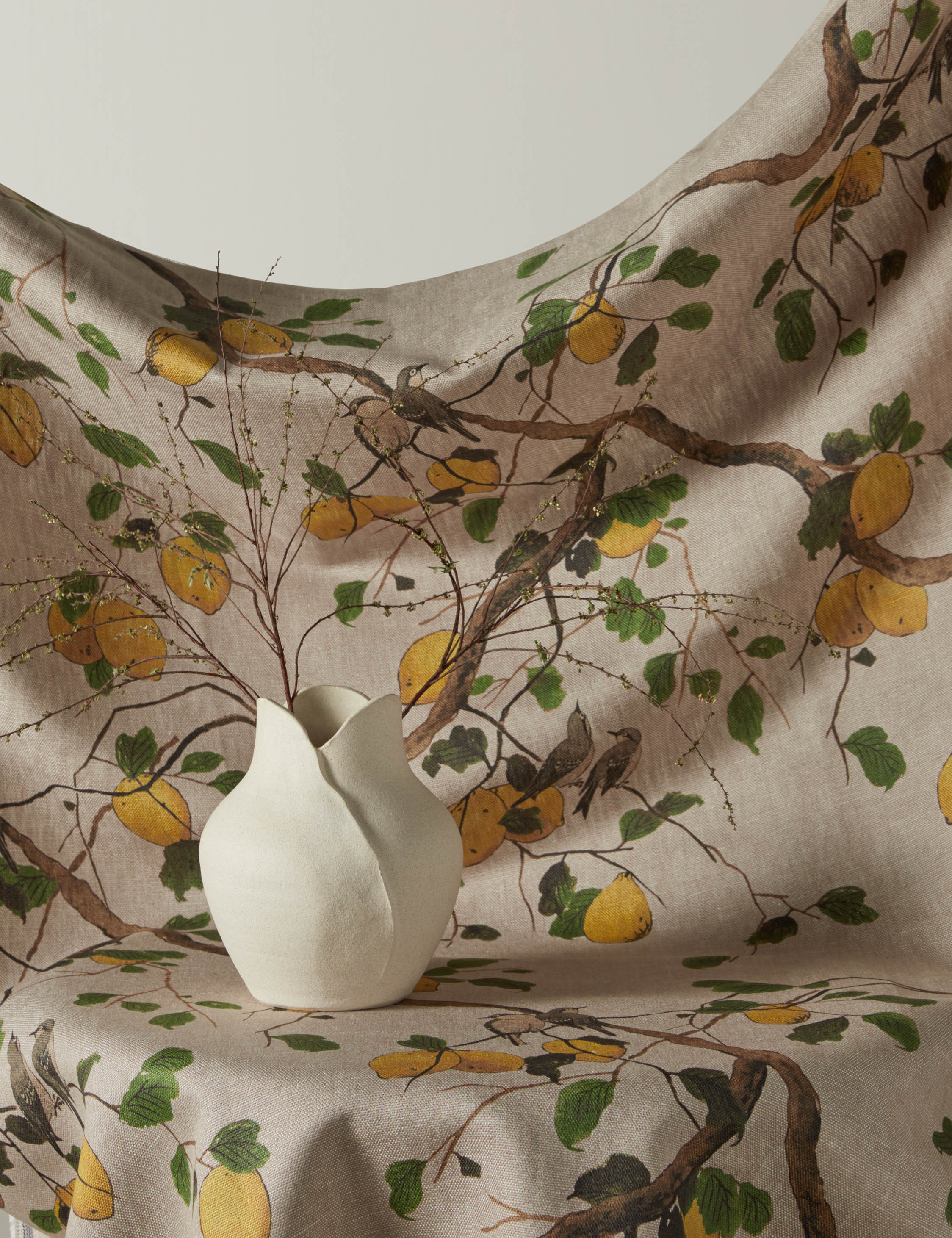Lulu and Georgia Lemon Birds Flax Linen Fabric by Nathan Turner