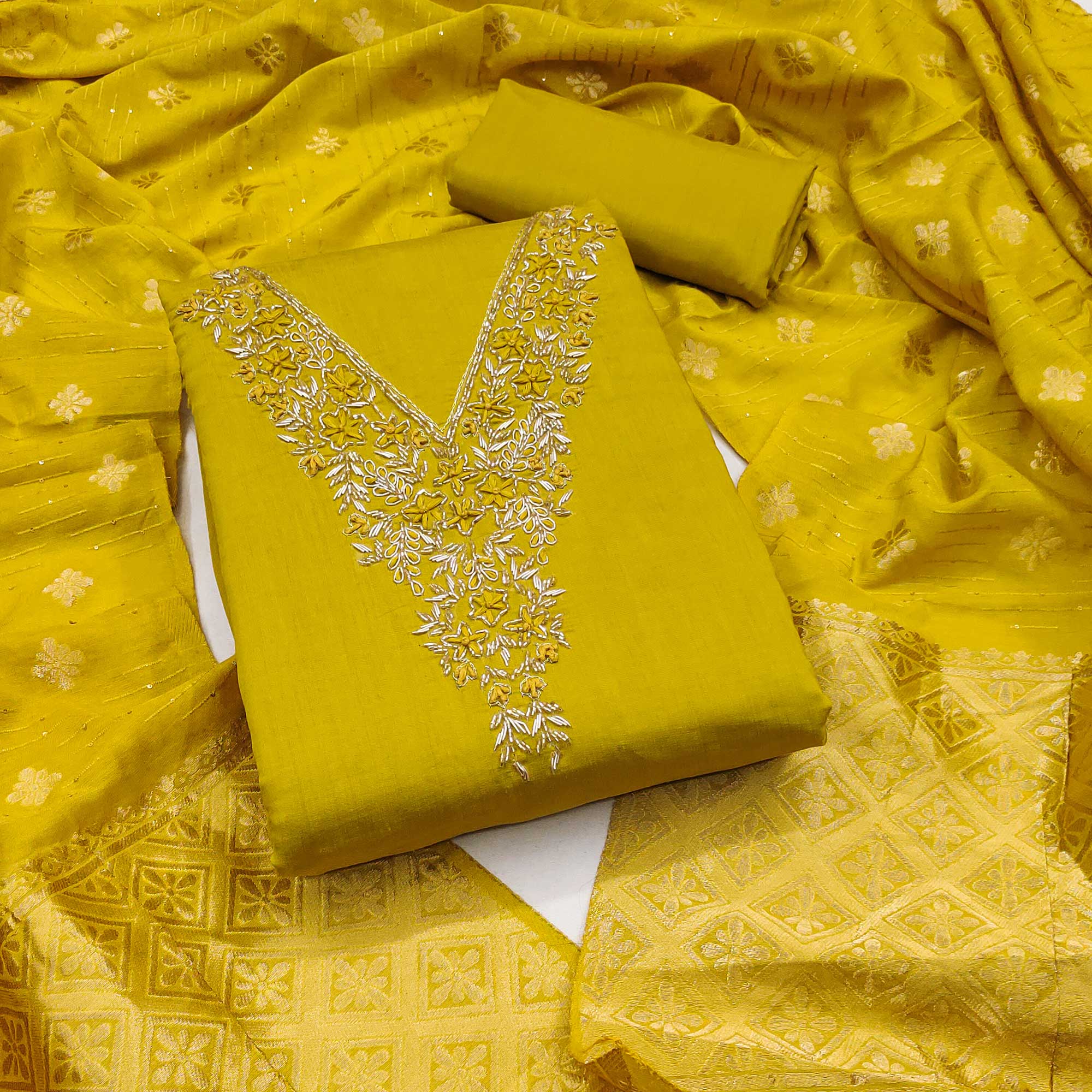Peachmode Mustard Beads Embroidered Viscose Dress Material