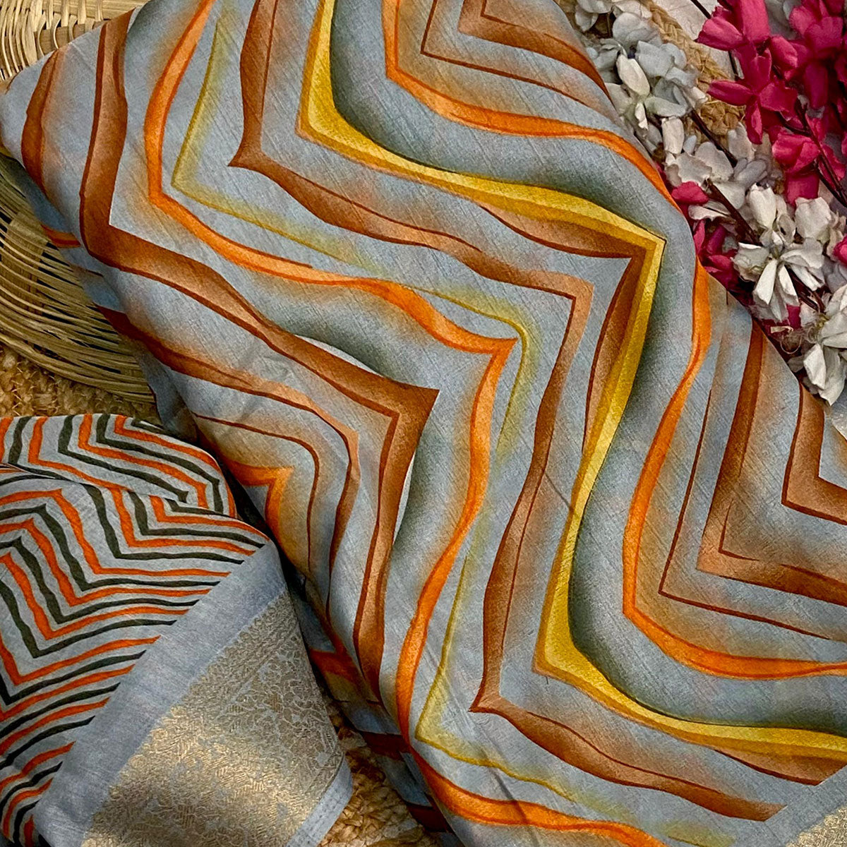 Peachmode Grey Zig Zag Printed Dola Silk Saree With Woven Border - view 2