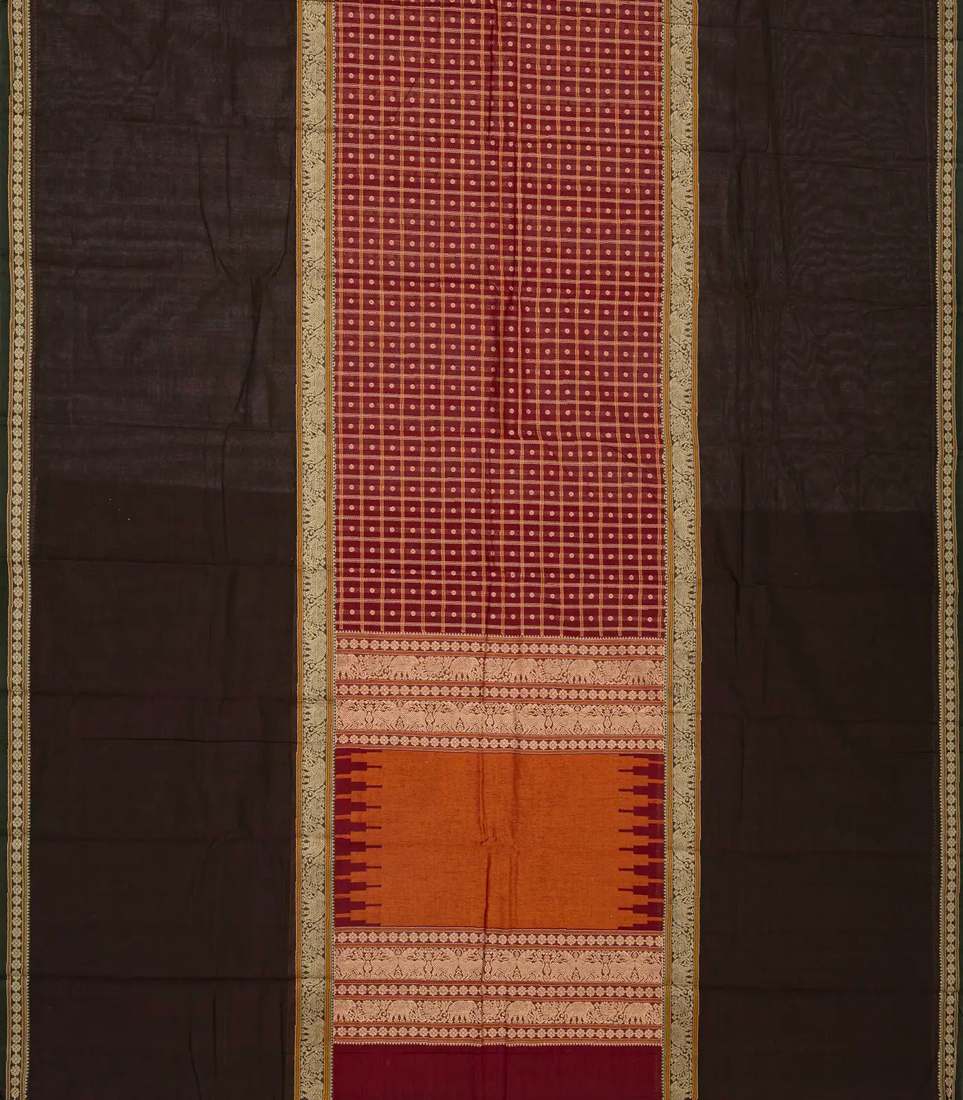 RmKV Crimson Handloom Kanchi Cotton Muppagam Saree With Checks & Button Motifs - view 2