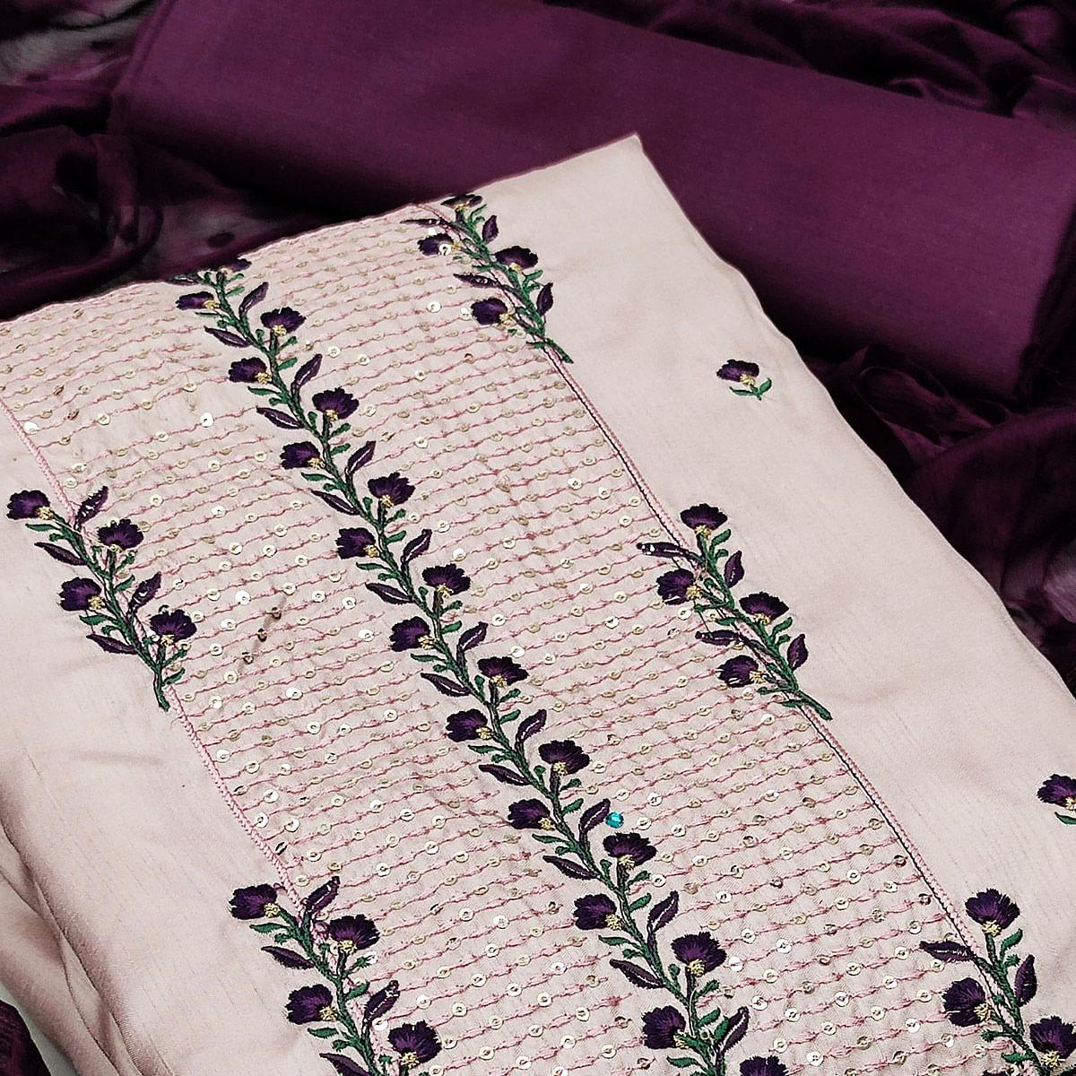 Peachmode Light Pink Casual Floral Embroidered Silk Dress Material - view 3