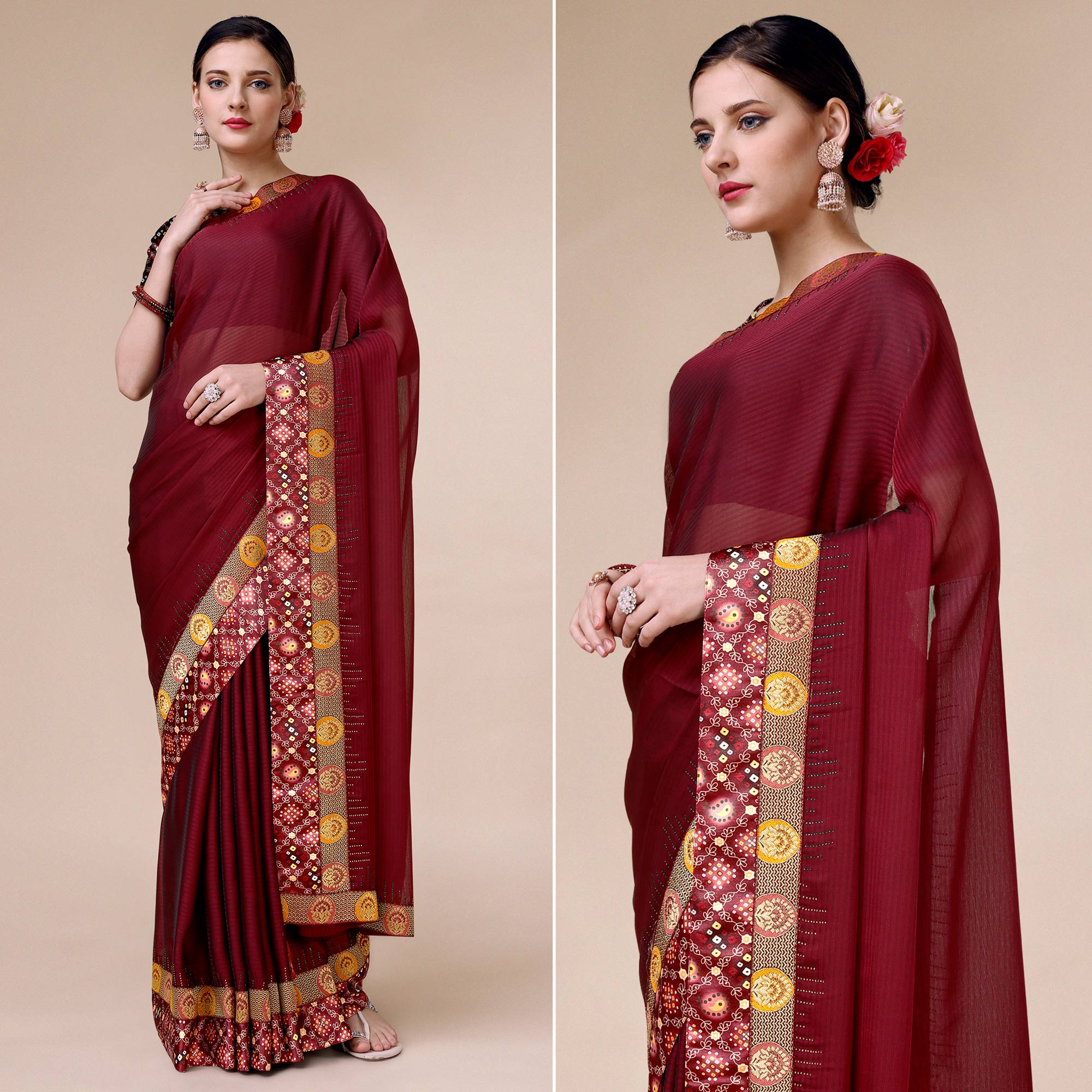 Peachmode Maroon Swarovski With Bandhani Printed Border Art Silk Saree