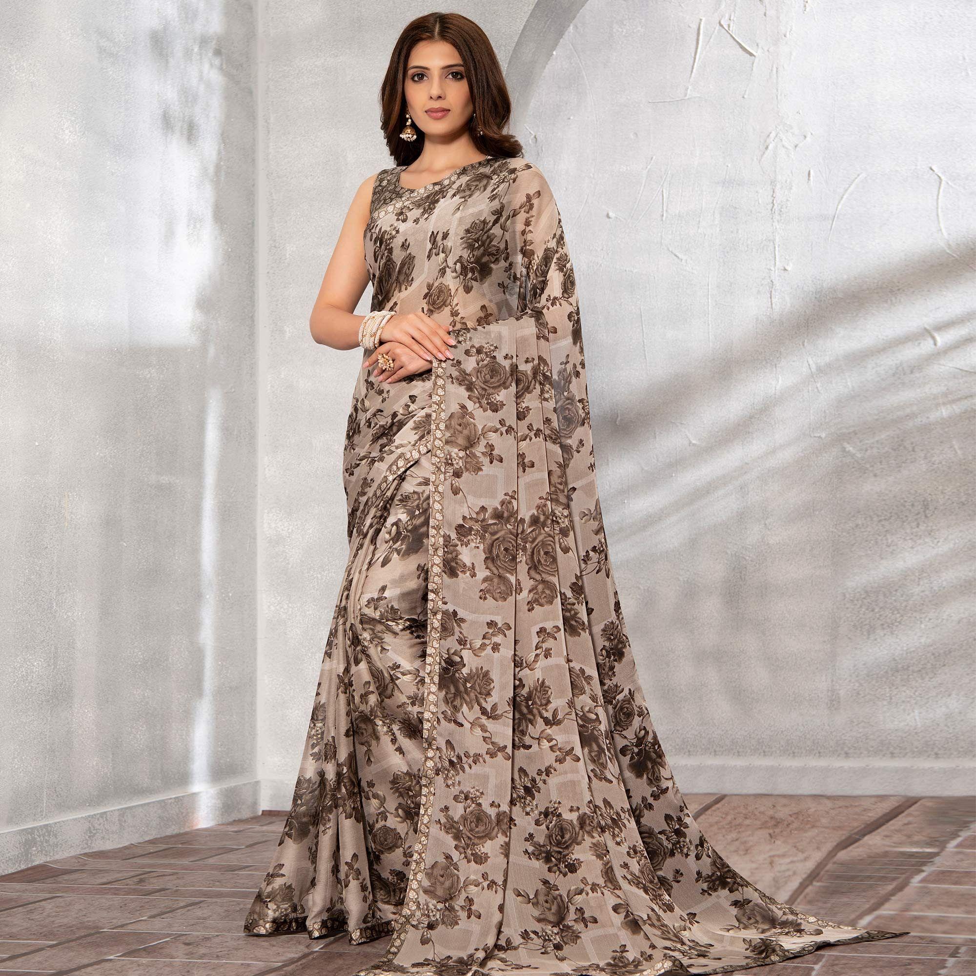Peachmode Light Brown Floral Printed Chiffon Saree