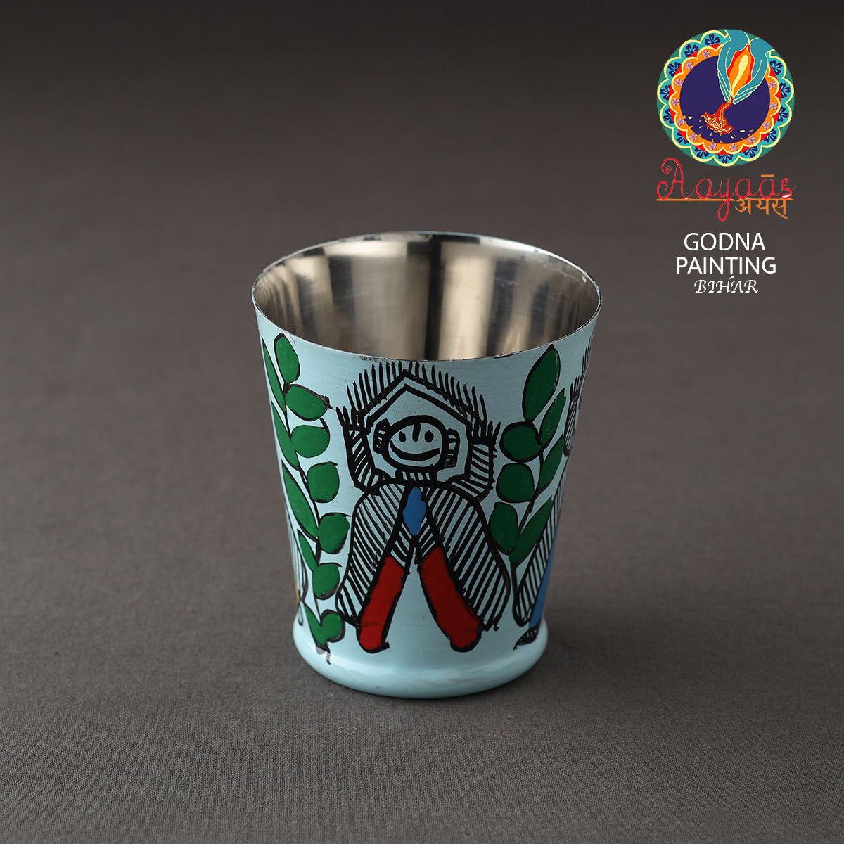 AAYAAS Blue - Godna Madhubani Handpainted Stainless Steel Glass