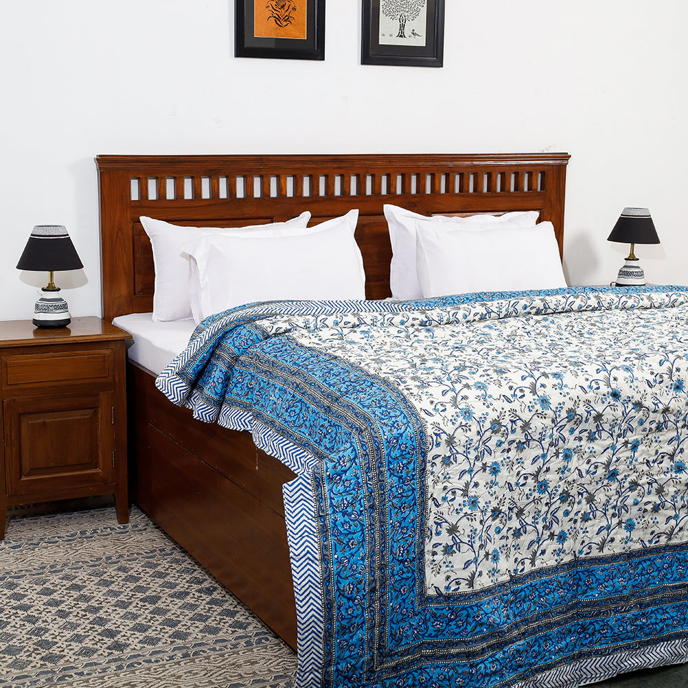 ARTISAN HAND BLOCK PRINTS Blue - Double - Sanganeri Printed Reversible Soft Cotton Quilt / Blanket (104 x 88 in)