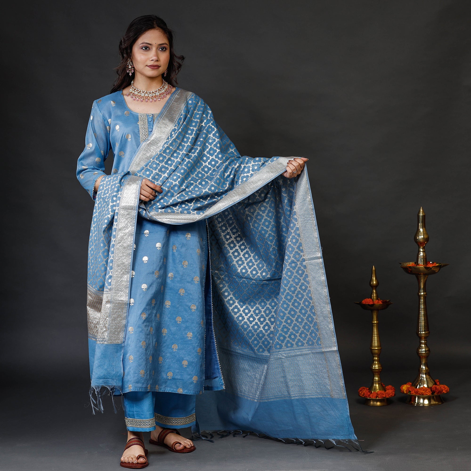ITOKRI CASUALS Blue - Banarasi Silk Cotton Kurta with Palazzo & Dupatta Set - view 2