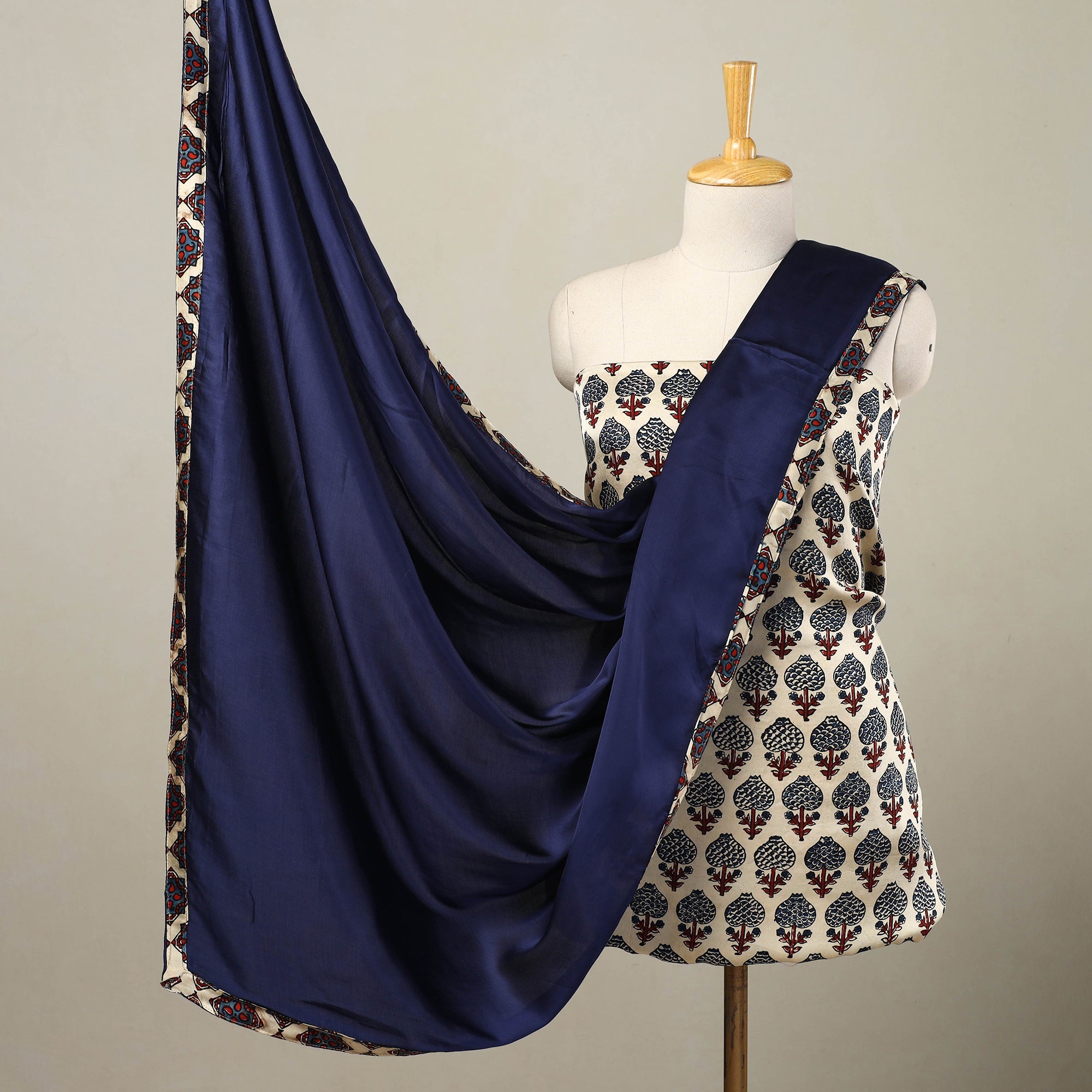 NOORI BAZAR Beige - 3pc Modal Silk Ajrakh Print Kurta with Plain Dupatta 07