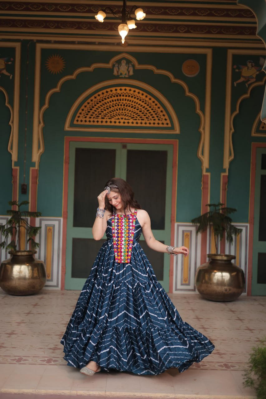 ClothsVilla Navy Blue Graceful Leheriya Print Gown with Kutchi Patchwork - view 4
