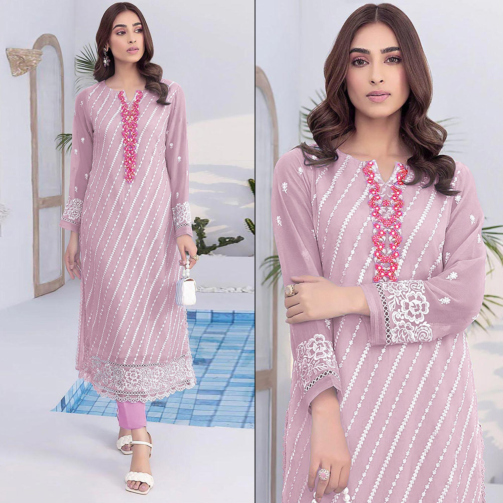 Peachmode Light Pink Floral Embroidered Georgette Semi Stitched Suit