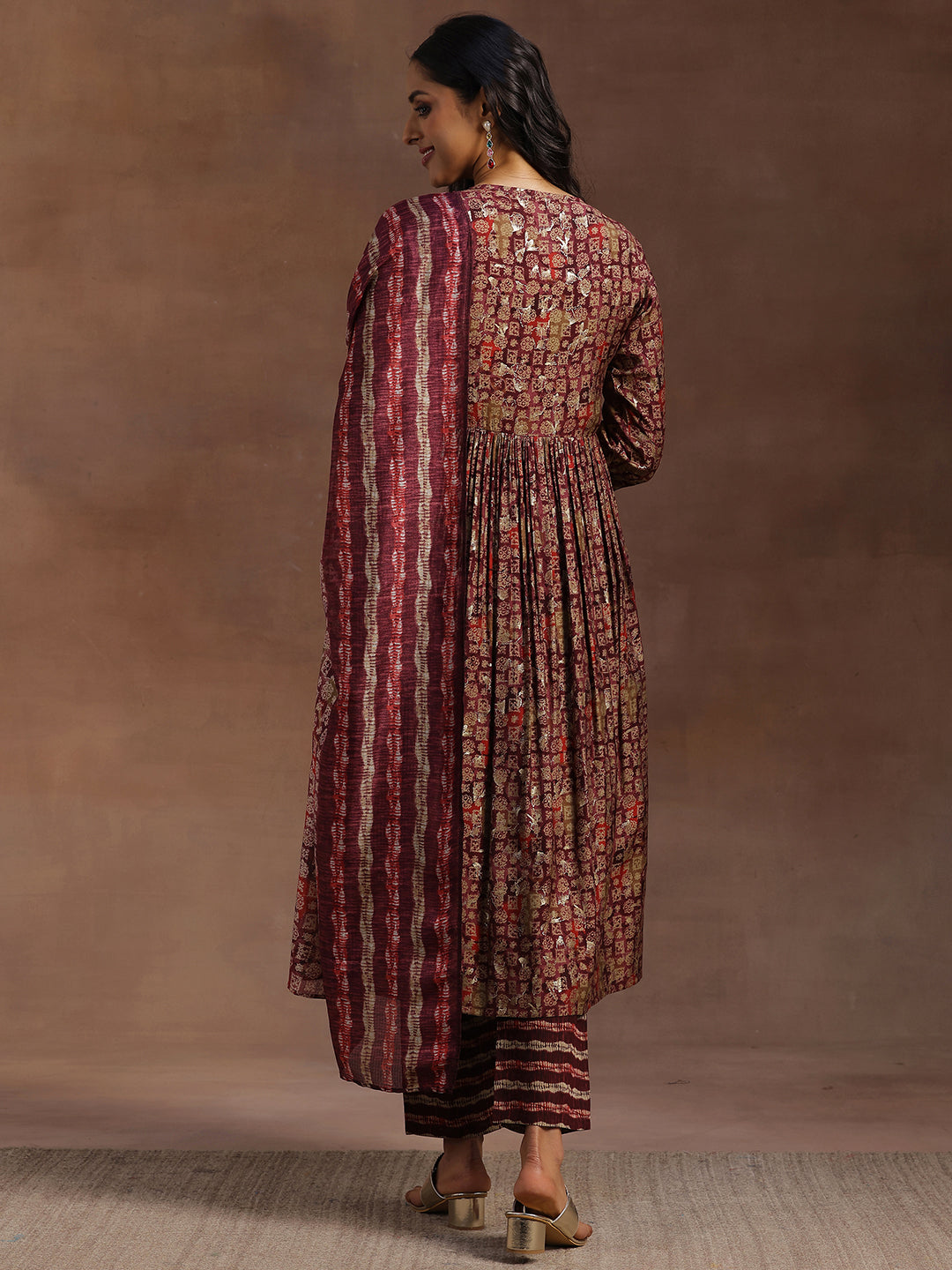 Libas Burgundy Printed Silk Blend A-Line Kurta With Trousers & Dupatta - view 4