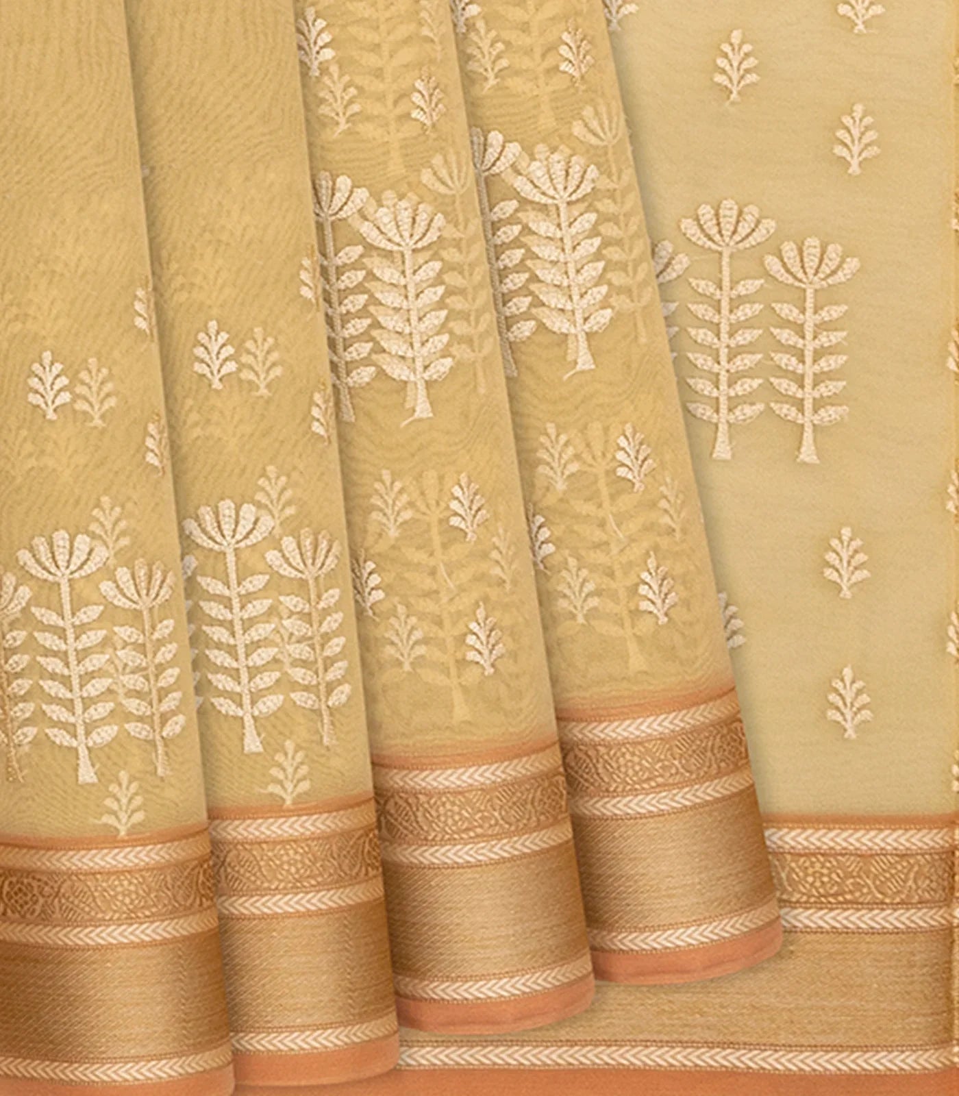 RmKV Beige Woven Blended Organza Saree With Floral Motifs-Beige