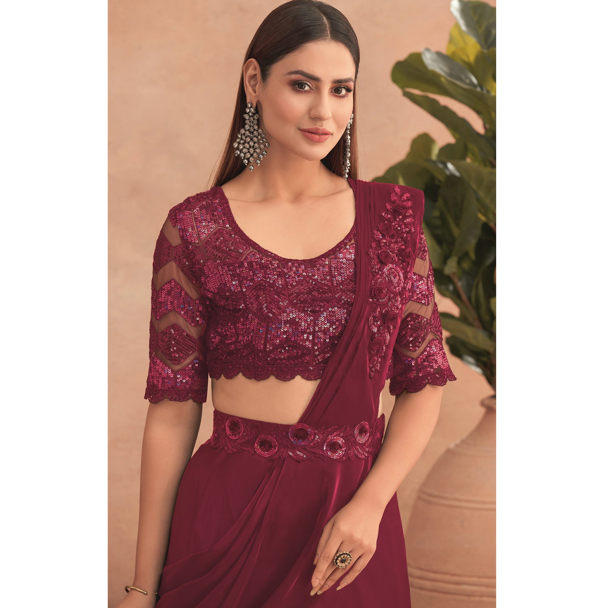 Peachmode Seller Maroon Sequins Embroidered Ready to Wear Art Silk Saree - view 4