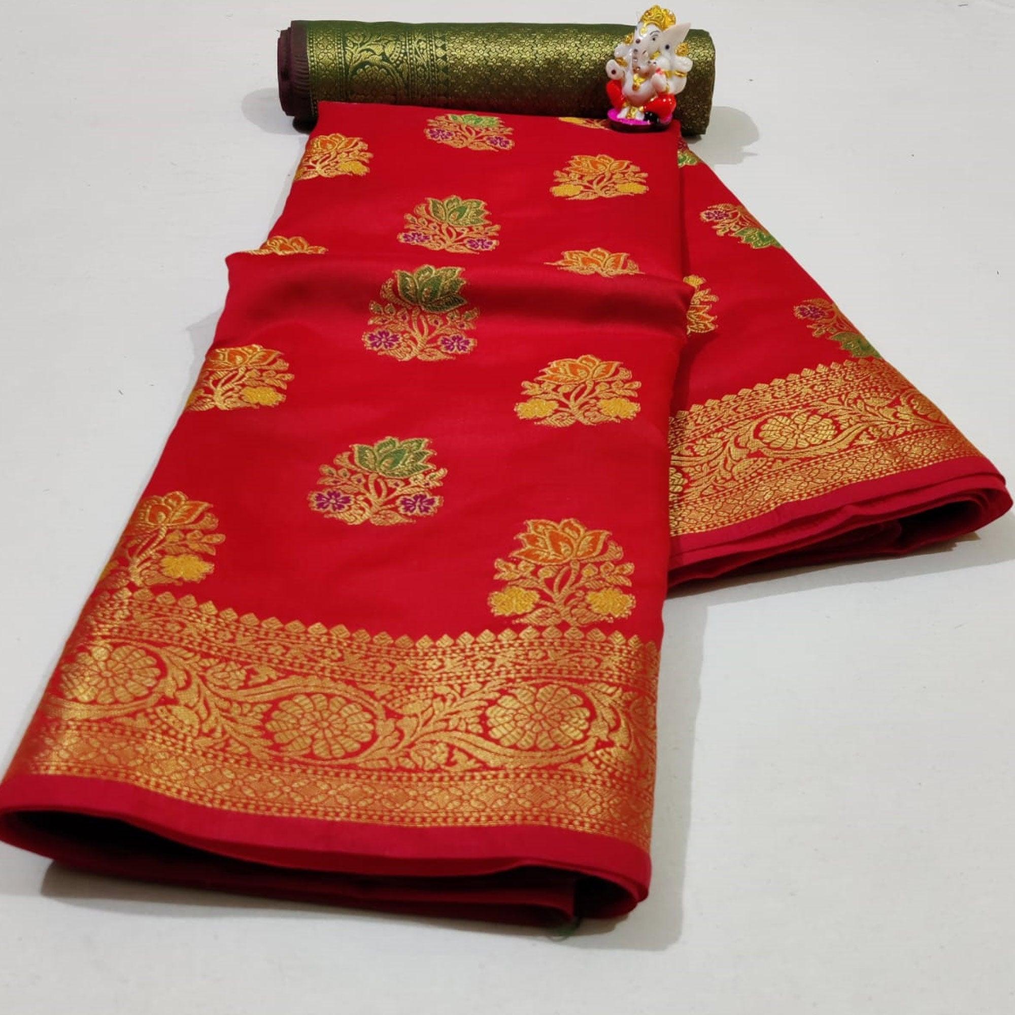 Peachmode Classy Red Colored Festive Wear Woven Silk Saree - view 2