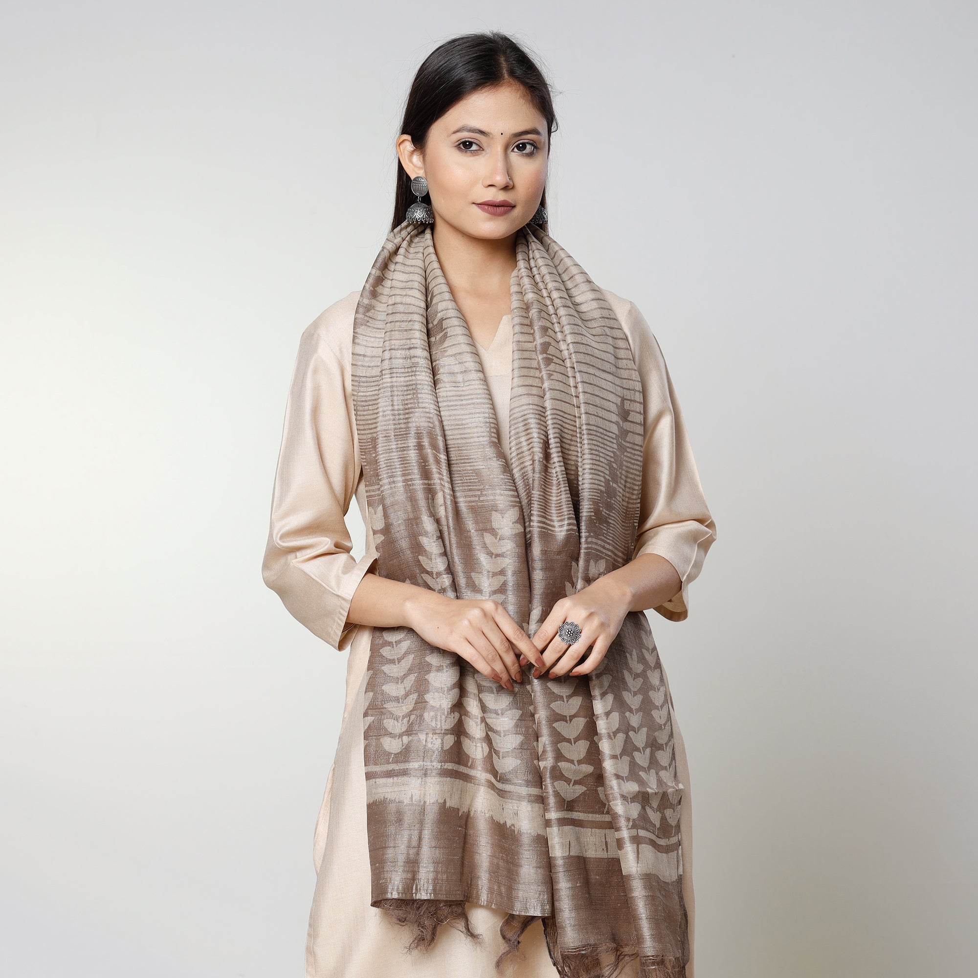 BINDAAS UNLIMITED Brown - Handloom Block Art Print Tussar Silk Bindaas Stole - view 2