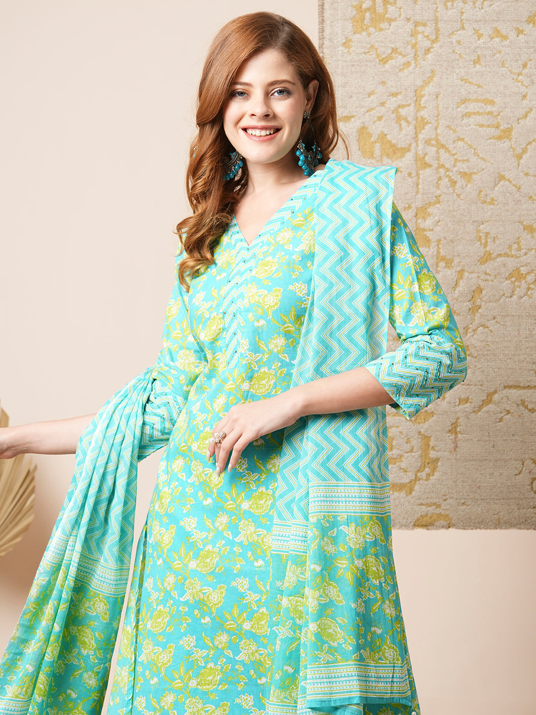 FASHOR Floral & Chevron Printed Embroidered Kurta with Pant & Dupatta - Blue - view 2