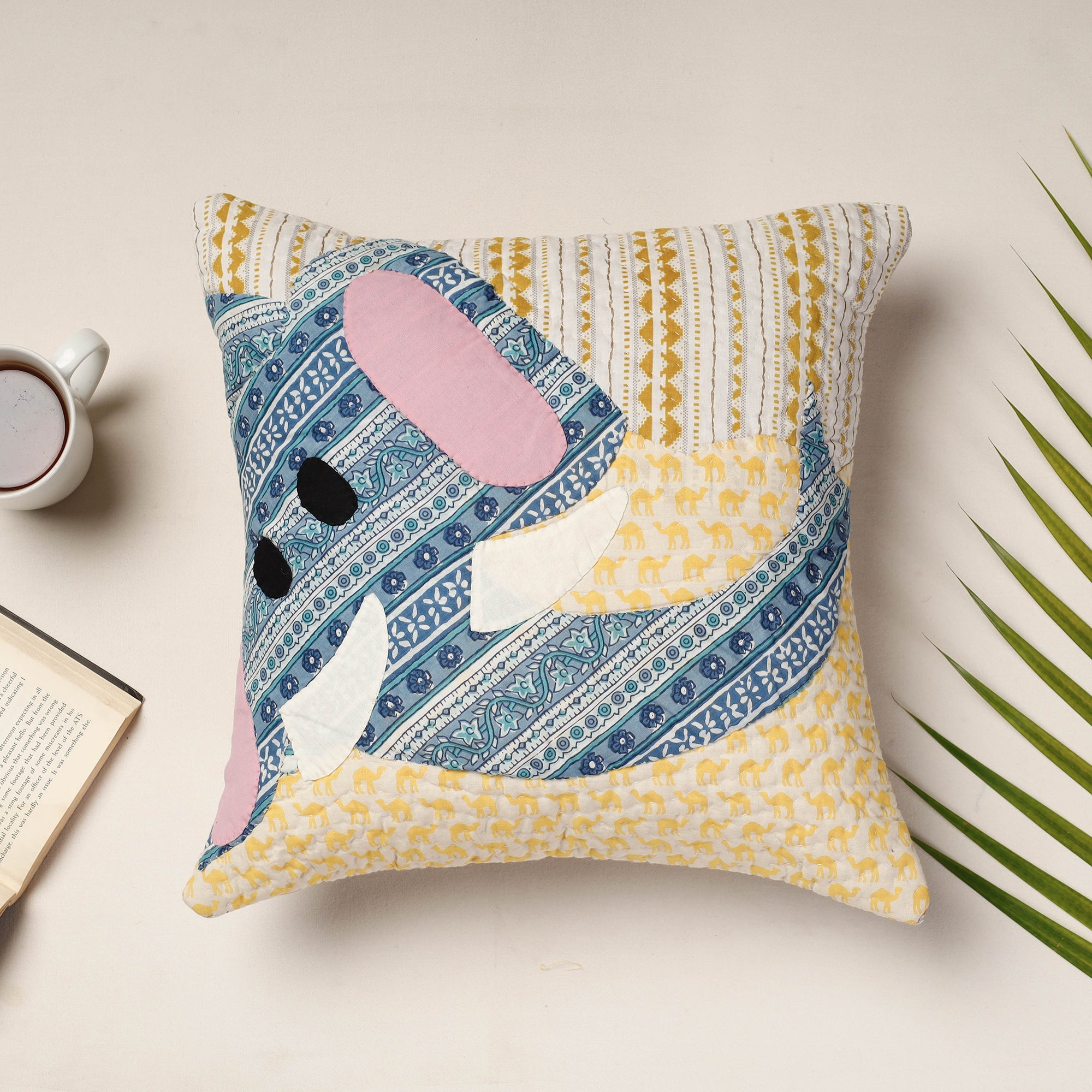 PURKAL STREE SHAKTI SAMITI Beige - Applique Quilted Cotton Cushion Cover (16 x 16 in)