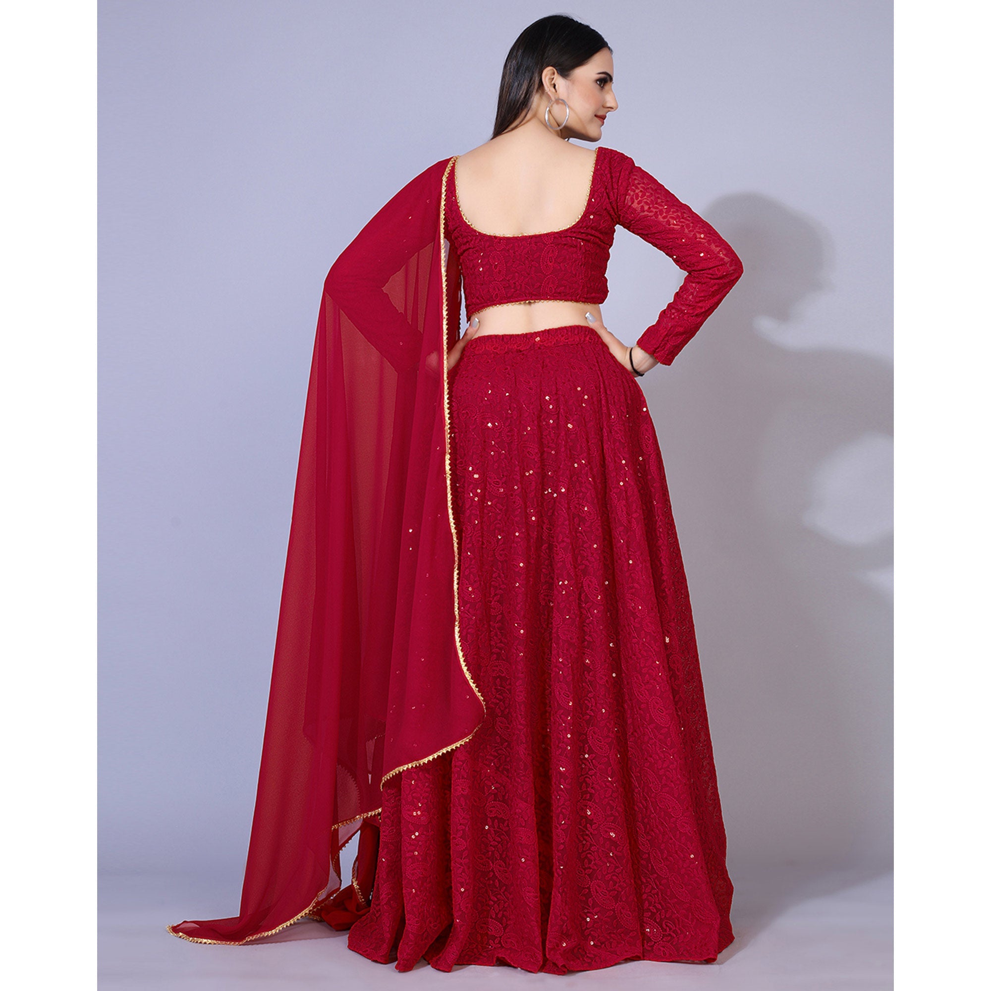 Peachmode Seller Dark Red Lucknowi Chikankari Work Georgette Lehenga Choli - view 5