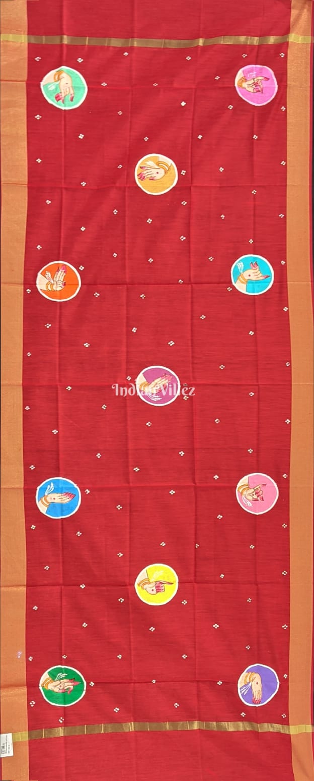 IndianVillèz Red Odisha Pattachitra Art on Chanderi Dupatta
