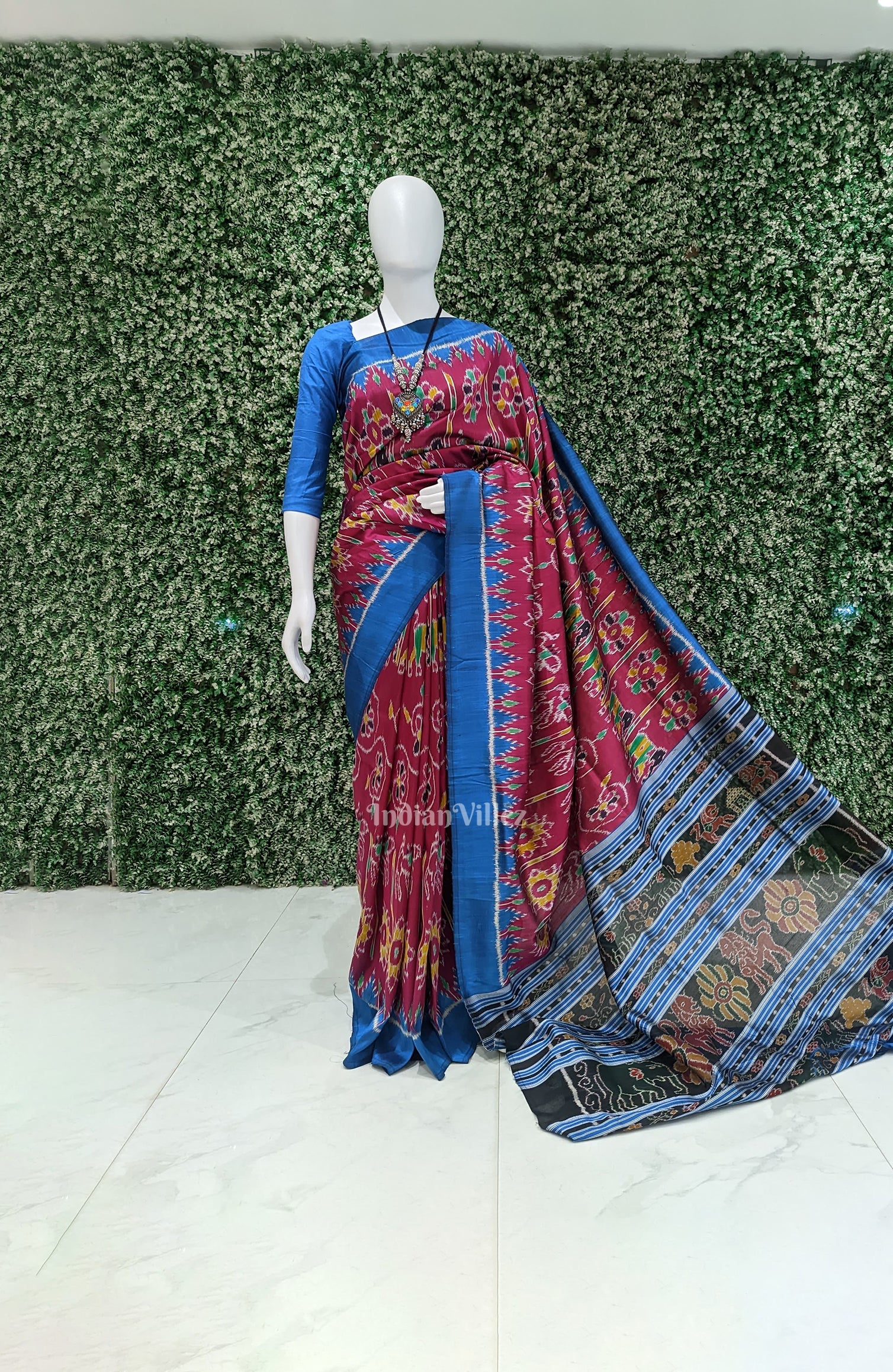 IndianVillèz Pink Sky Blue Flower and Elephant Contemporary Odisha Ikat Silk Saree