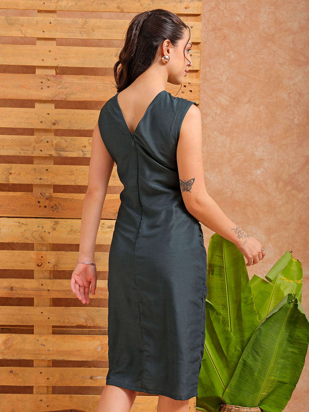 Freehand by The Indian Garage Co Women's Green Fitted Solid Casual Sheath Dress - view 3