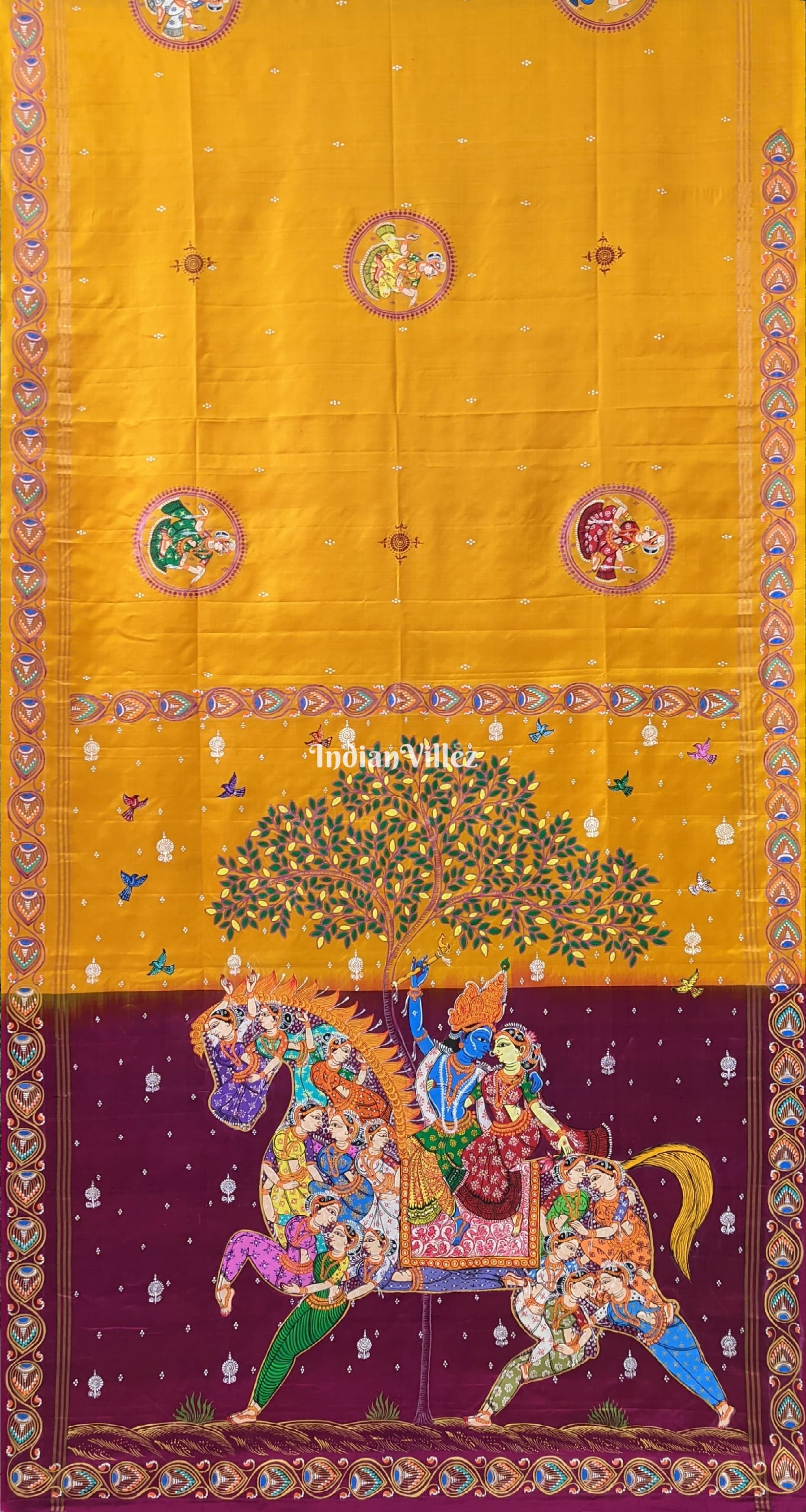 Horse pattachitra saree – IndianVillèz Yellow Kandarpa Ashwa (Horse) Pattachitra Saree