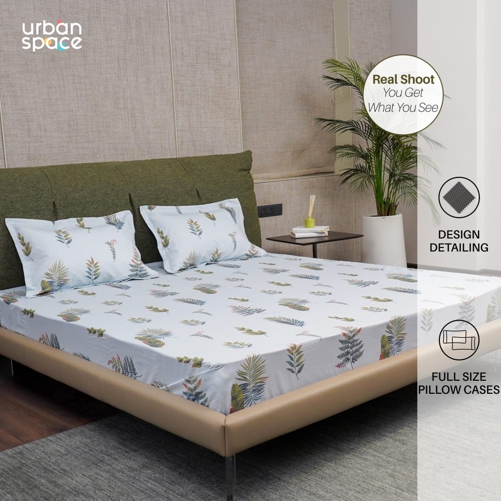 Urban Space -Home Furnishing Store Serene Collection - Breathable 200 TC 100% Pure Cotton Bedsheet with Pillow Cover, Fall Leaves - Blue - view 4
