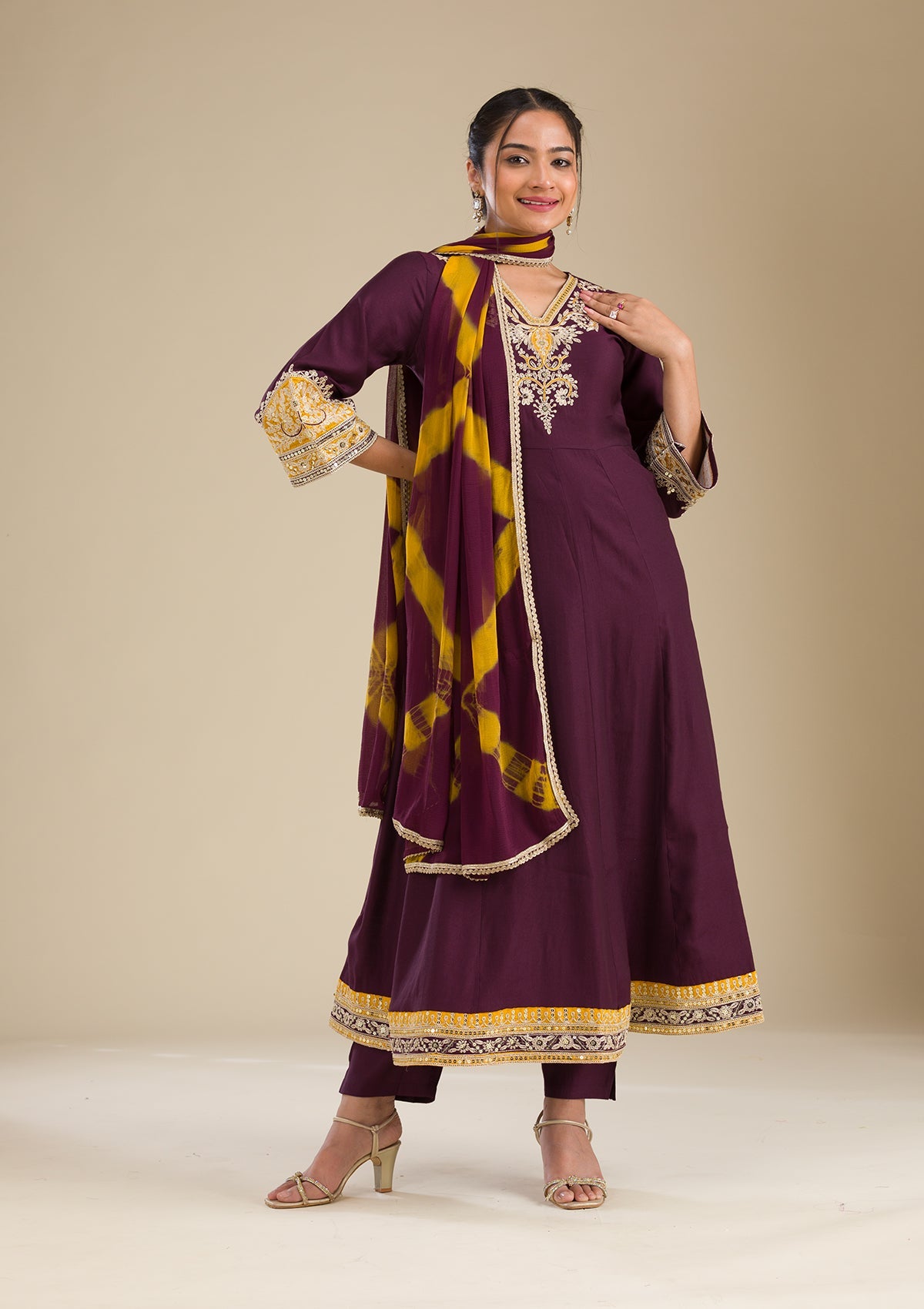 Koskii Wine Zariwork Chiffon Readymade Salwar Suit