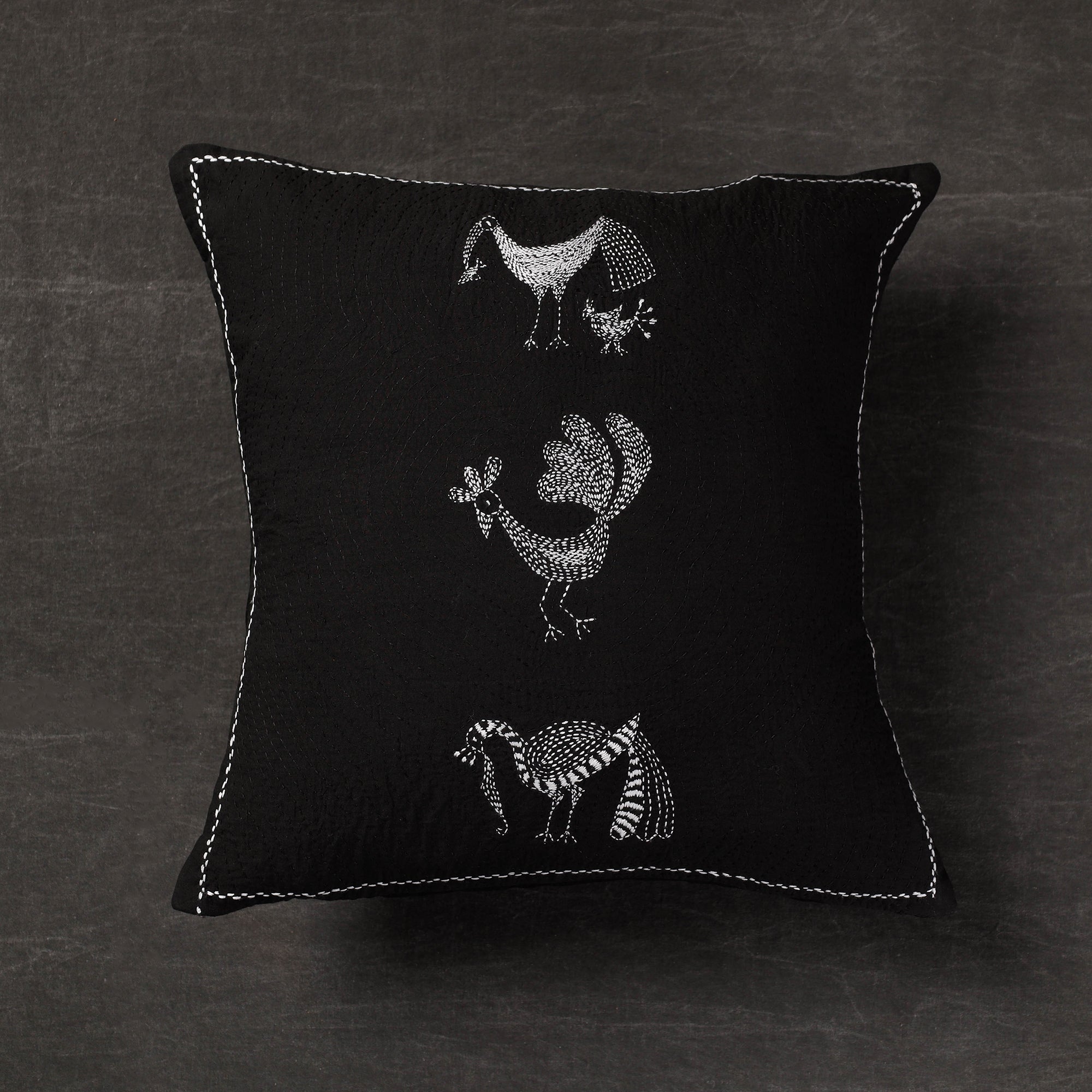 SASHA Black - Folk Motif Birds - Kantha Embroidery Handloom Cotton Cushion Cover (16 x 16 in)