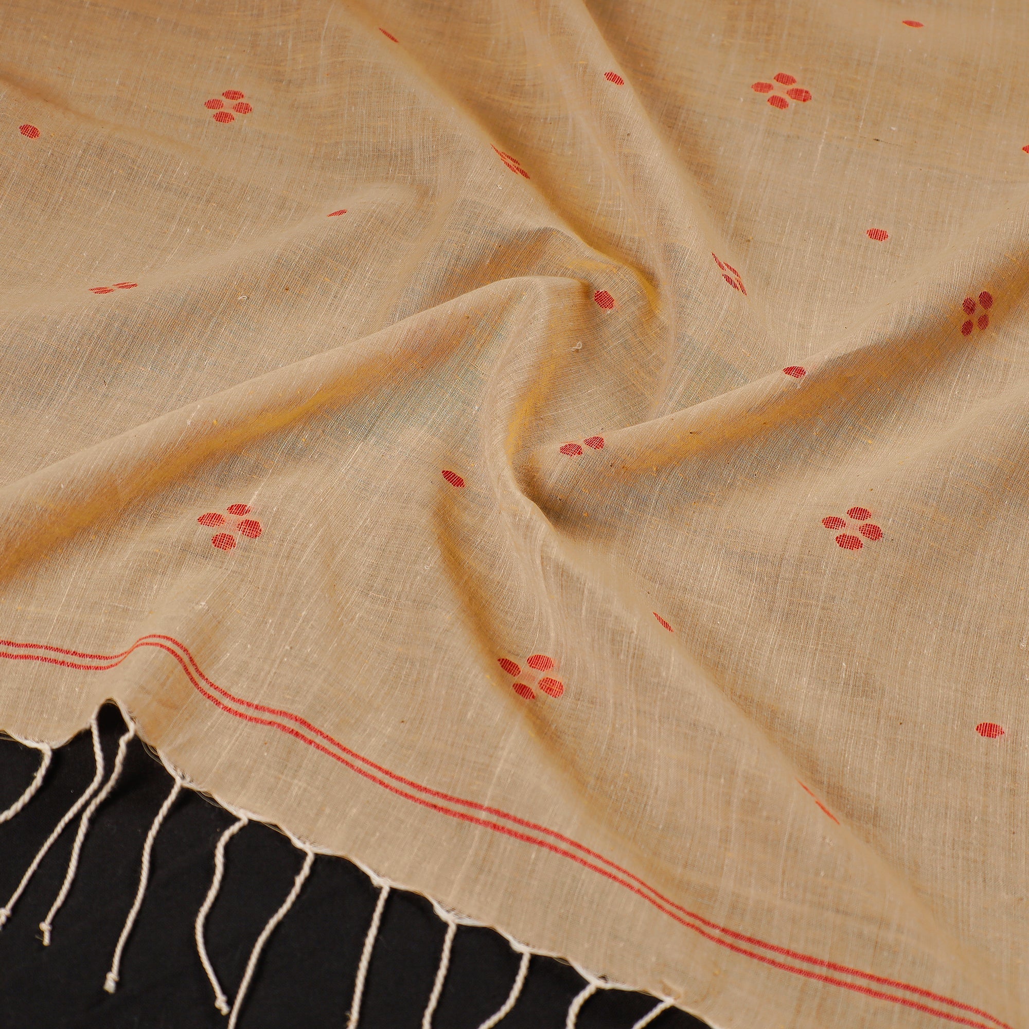 KHUSHBASH - HAPPY LOOM OF EAST Beige - Burdwan Jamdani Buti Handloom Cotton Stole with Tassels - view 2