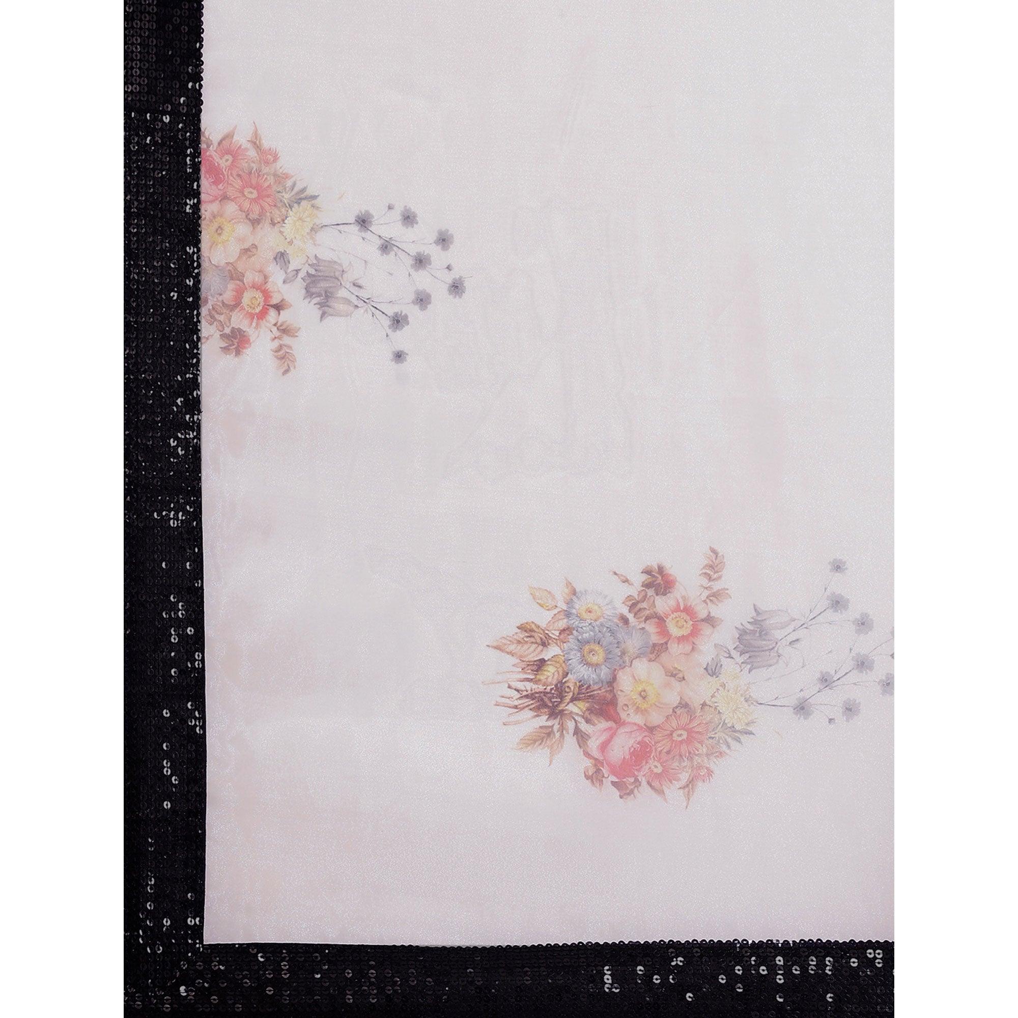 Peachmode Magnetic White Coloured Partywear Floral Printed Sequins Organza Saree - view 2