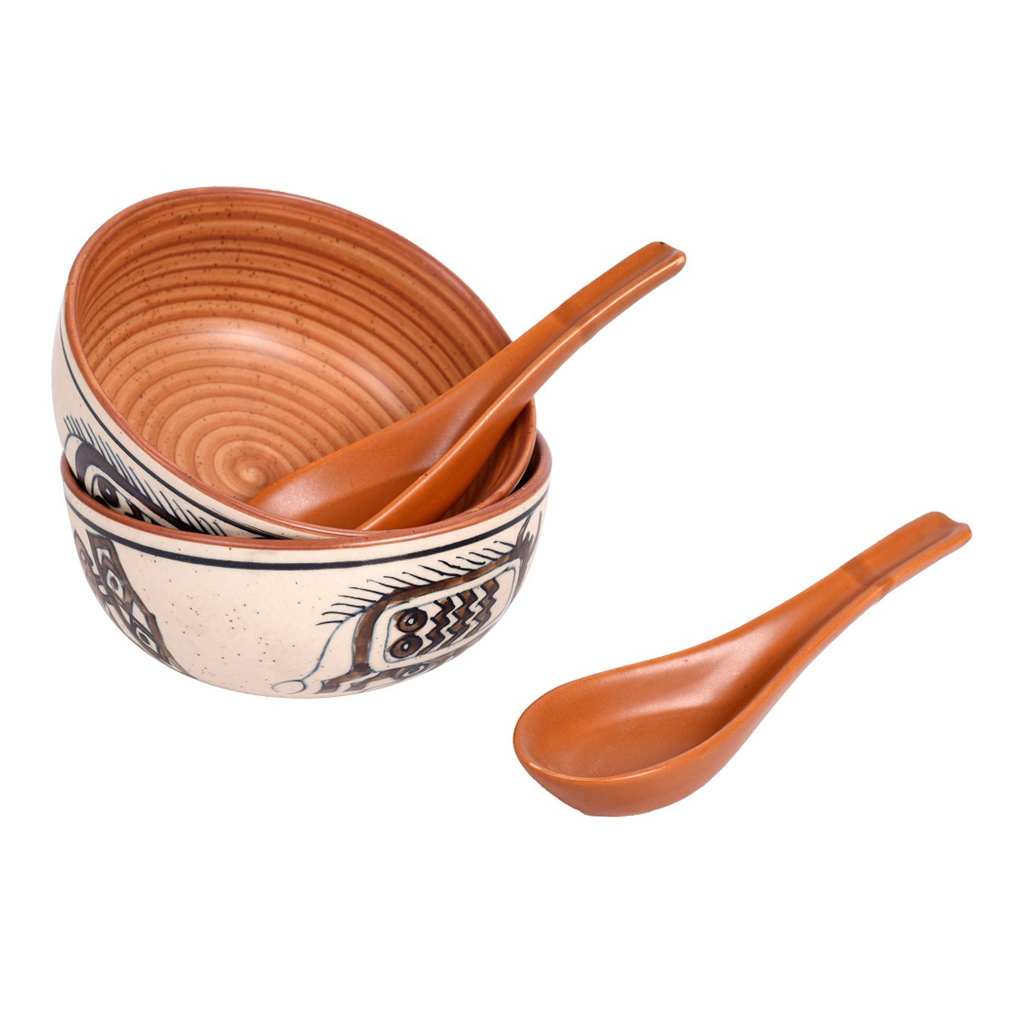 ART CREATIONS BY SUMAN SONTHALIA Beige - Soup Bowl Ceramic Tribal Motif with spoon (Set of 2) (2.2x5) - view 4