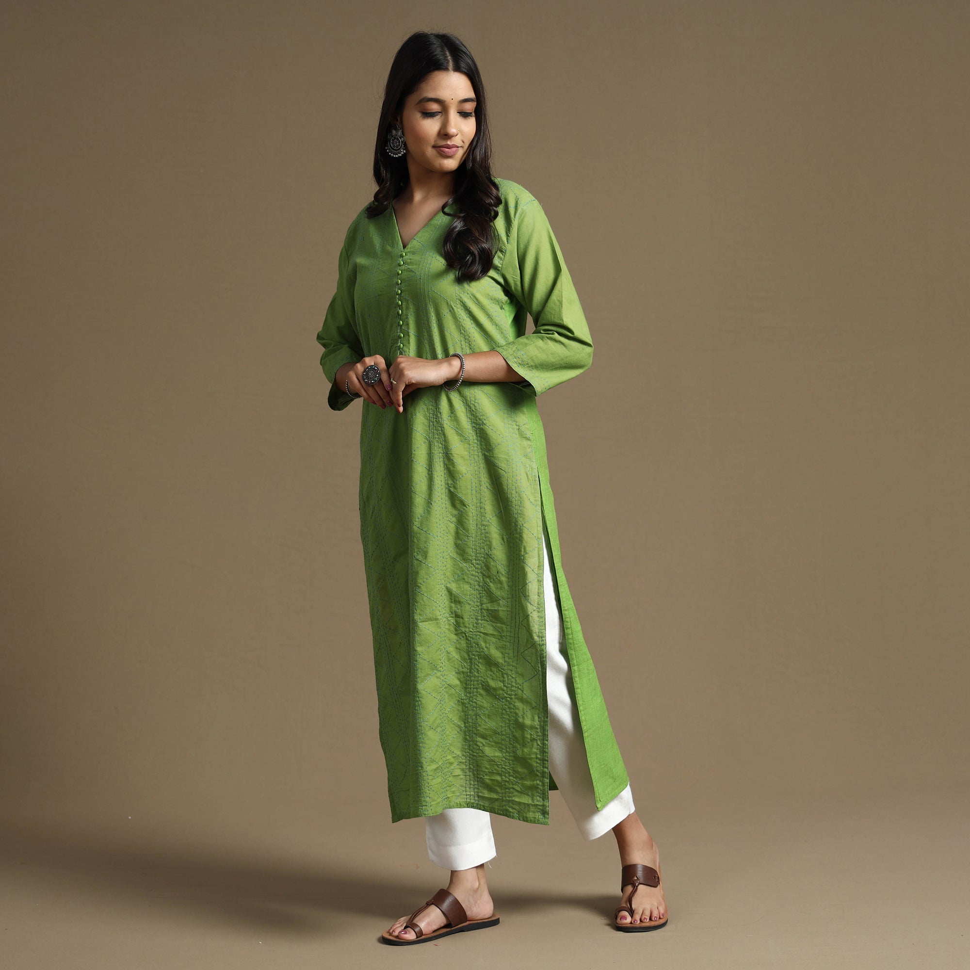 ITOKRI CASUALS Apple Green Plain Cotton Tagai Work Long Kurta - view 2